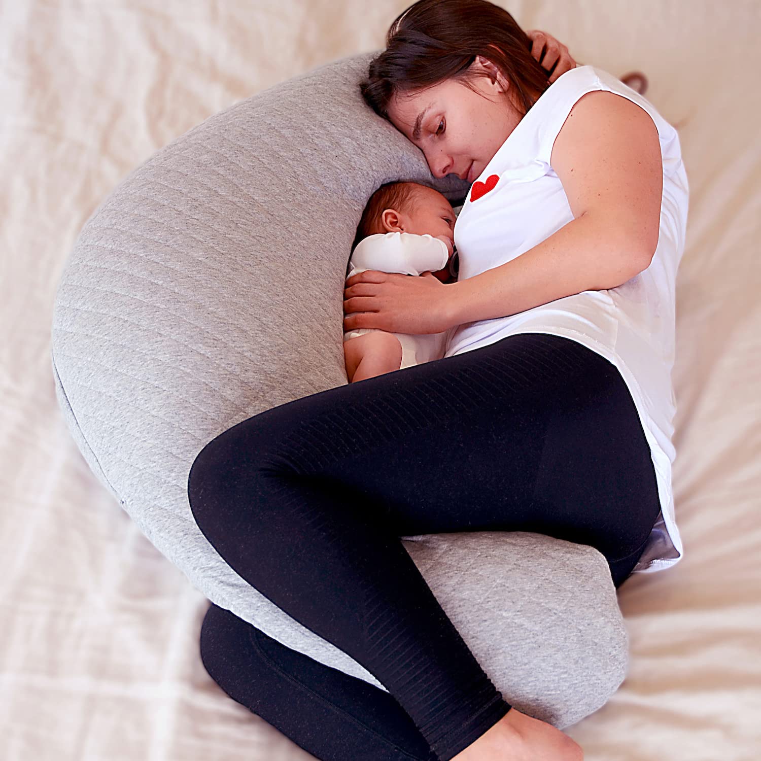 BEABA Big Flopsy Pregnancy Pillow - Maternity & Nursing Support Pillow for Comfortable Sleep & Breastfeeding | Soft Heather Grey | Perfect for Side Sleeping, Back Pain Relief & New Moms