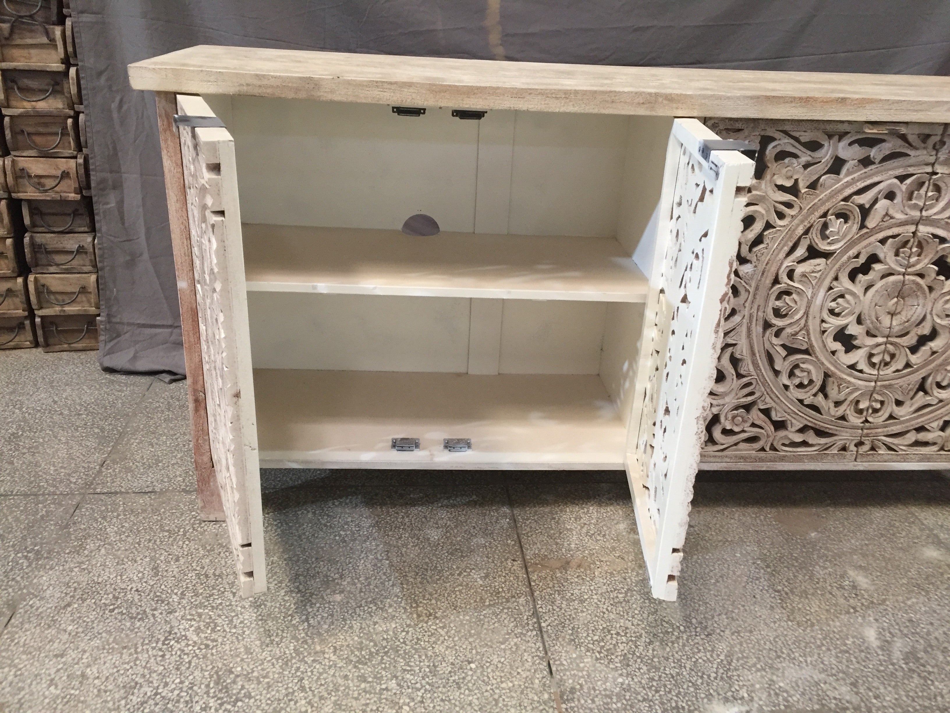 Handcrafted Indian Solid Wood Sideboard with Carved Doors - Elegant Storage Cabinet for Dining Room, Living Room & Entryway