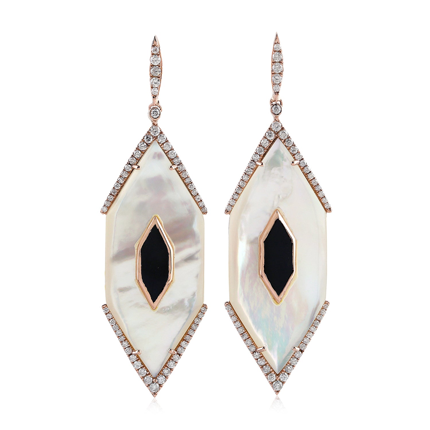18K Rose Gold Fancy Cut Mother of Pearl Bezel Set Spinel Pave Diamond Dangle Earrings for Women - Elegant Evening Wear & Special Occasion Jewelry Gift