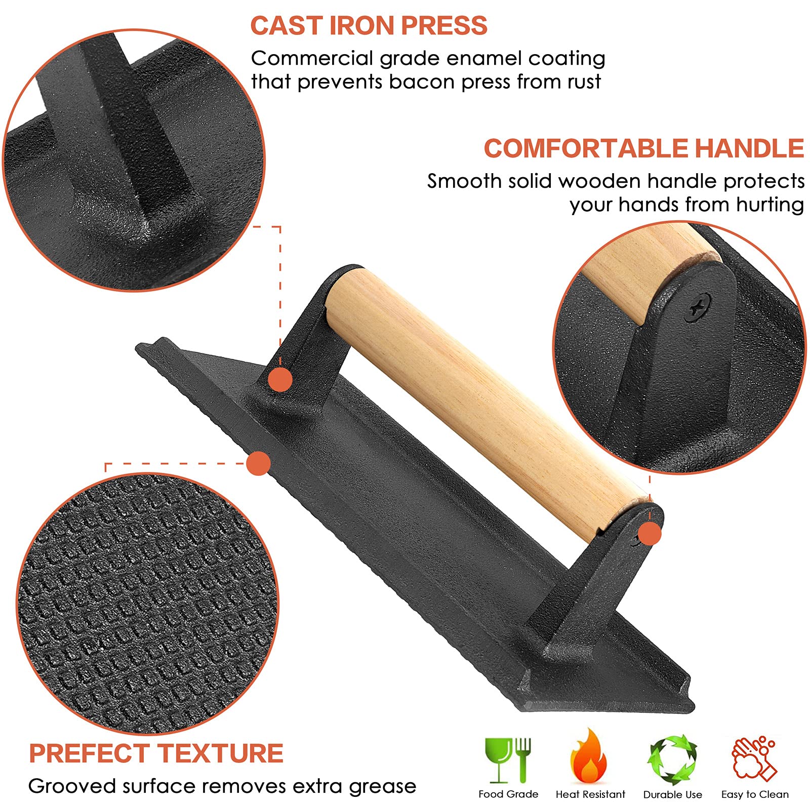 Premium Cast Iron Bacon Press & Hamburger Patty Maker - 8