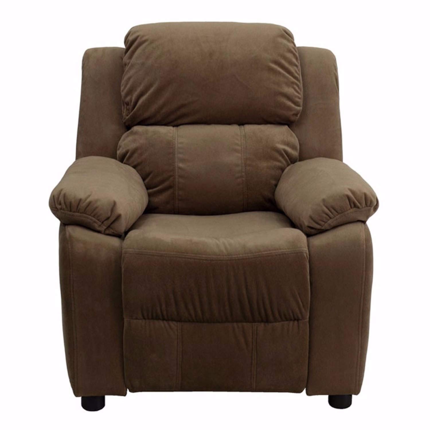 Offex Deluxe Heavily Padded Brown Microfiber Kids Recliner Chair with Storage Arms - Comfortable Children's Furniture for Bedroom, Playroom & TV Watching