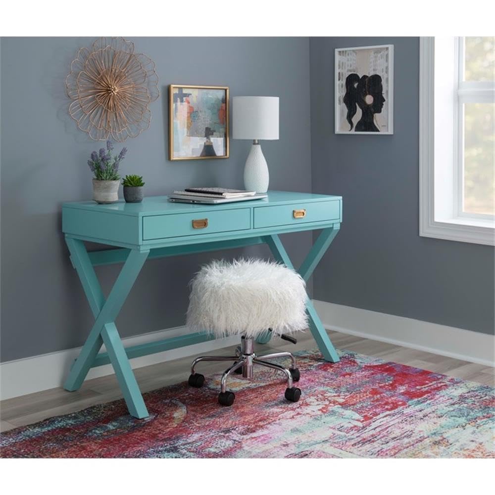 Linon Peggy Wood Two Drawer Writing Desk in Blue - Compact Home Office Desk for Small Spaces, Study & Work from Home (Blue Finish)