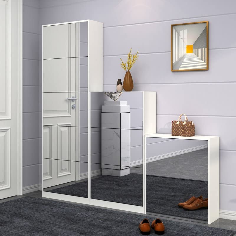 GLS Floor Standing Full Length Mirror Shoe Cabinet - 5 Tier Closet Shoe Organizer for Living Room, Bedroom & Entryway - White - Space Saving Storage Solution for Shoes, Hats & Accessories