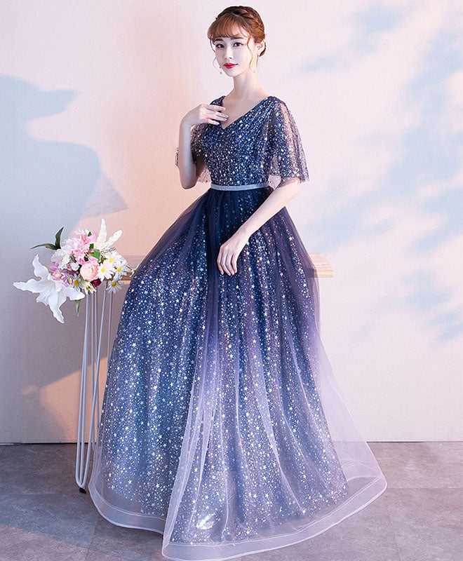 Elegant Blue Tulle Sequin Long Prom Dress for Women - Formal Evening Gown for Homecoming, Ball, and Special Occasions