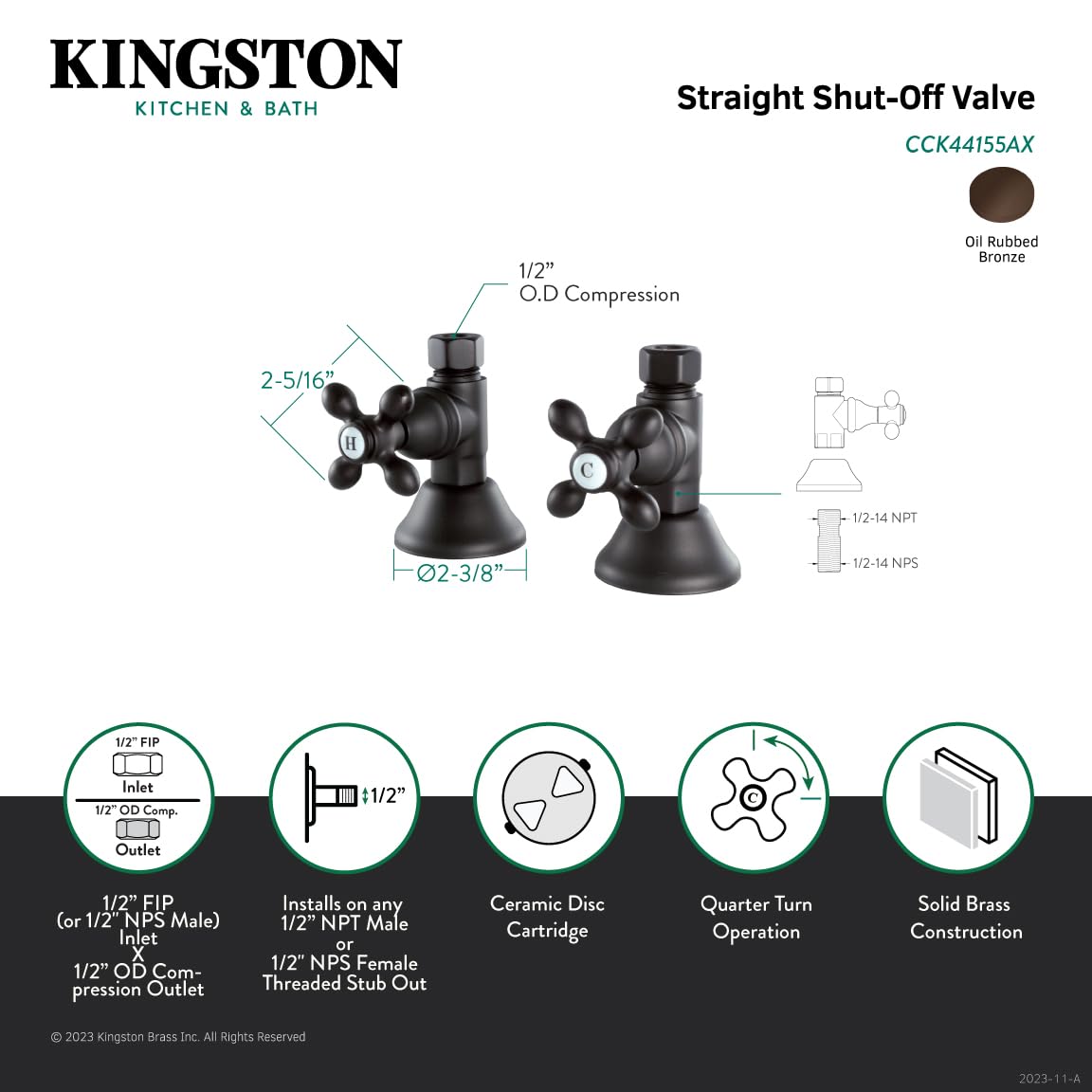 Kingston Brass CCK44155AX Straight Stop Shut Off Valve - Oil Rubbed Bronze Finish for Plumbing, Sink, and Toilet Water Supply Lines - Perfect for Home and Commercial Use