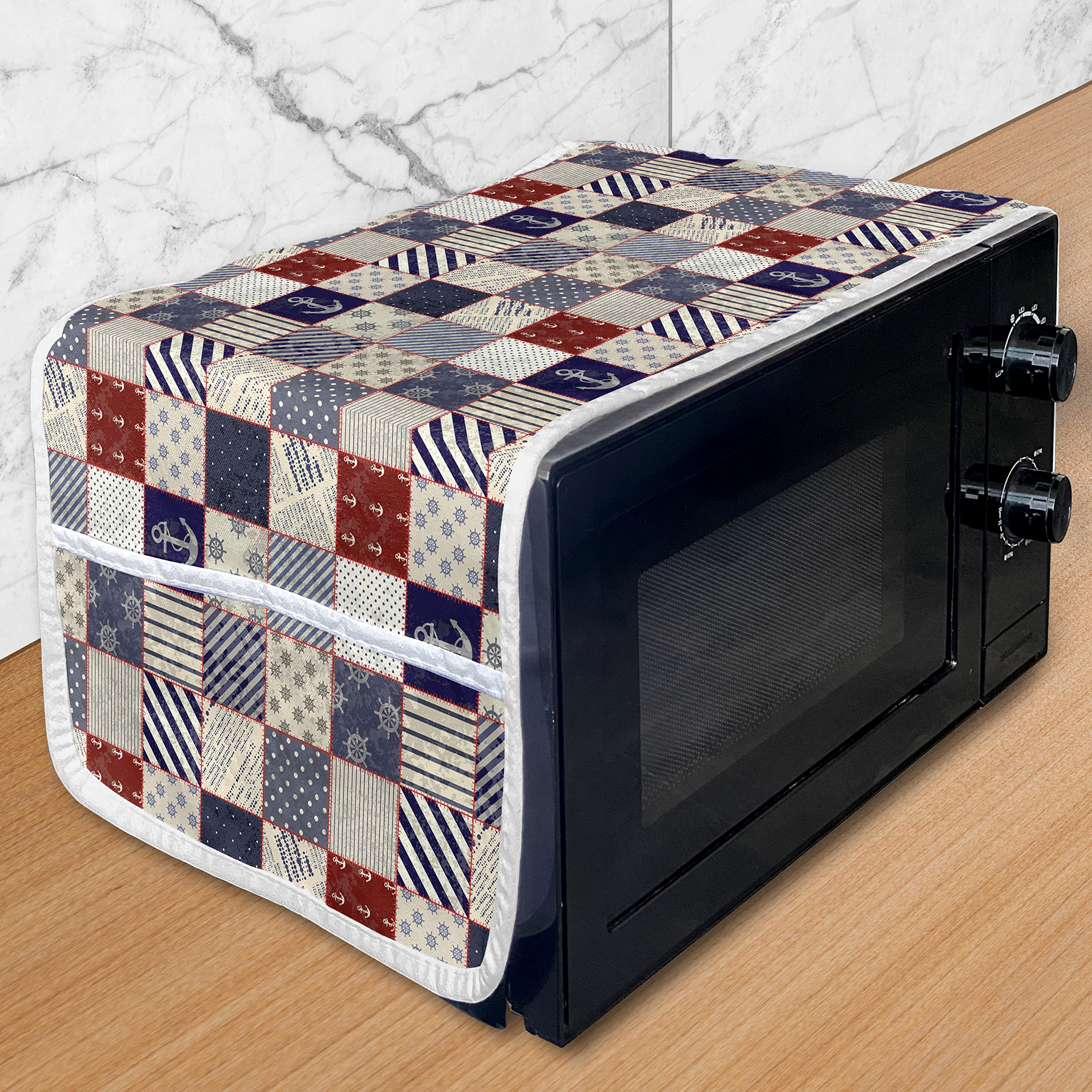 Lunarable Nautical Microwave Oven Cover - Vintage Sailor Knot Anchor Design, Waterproof Kitchen Organizer with Pockets, 36
