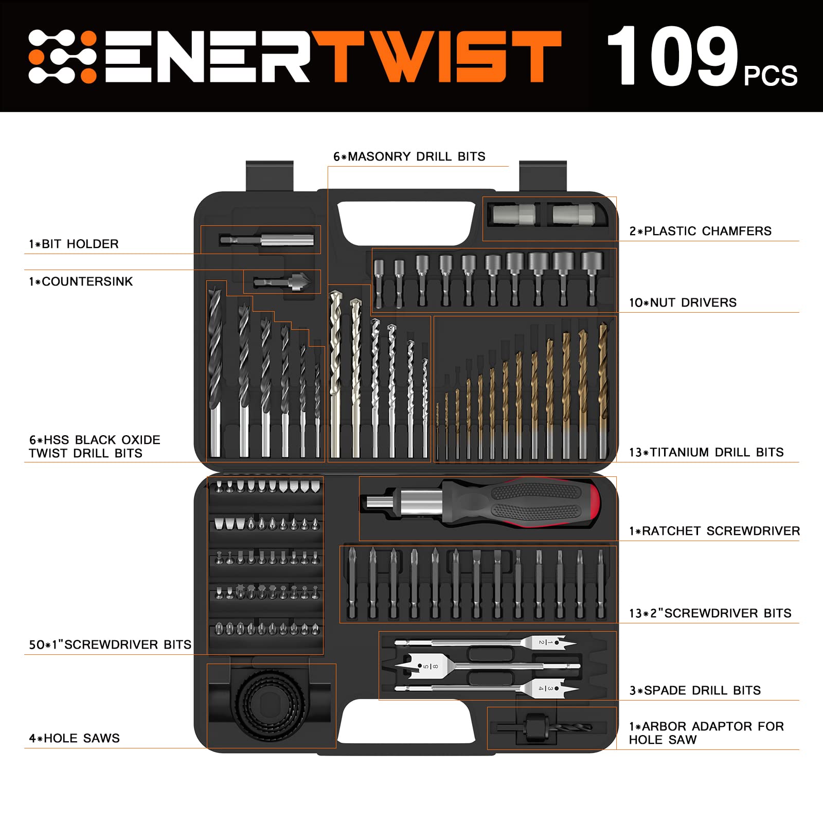 ENERTWIST 109-Piece Titanium & High-Speed Steel Drill Bit Set for Metal, Wood & Masonry - Includes Screwdriver Bits & Ratchet Screwdriver in Storage Case - Perfect for DIY Projects, Home Repairs & Professional Construction Work