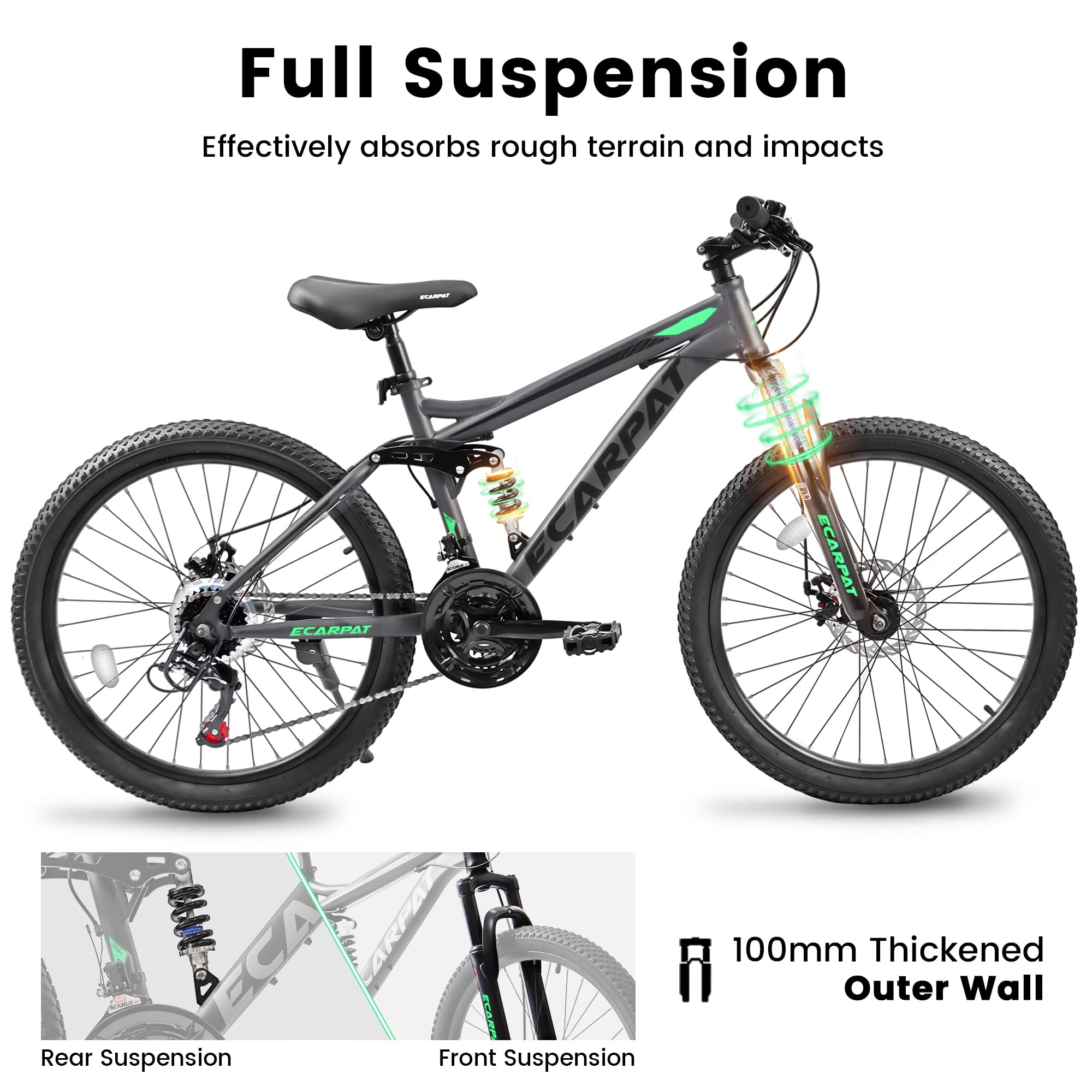 **24/26/27.5 Inch Dual Full Suspension Mountain Bike - 21-Speed Aluminum/Steel Frame for Men & Women - Perfect for Commuting, School, Work & Off-Road Adventures**