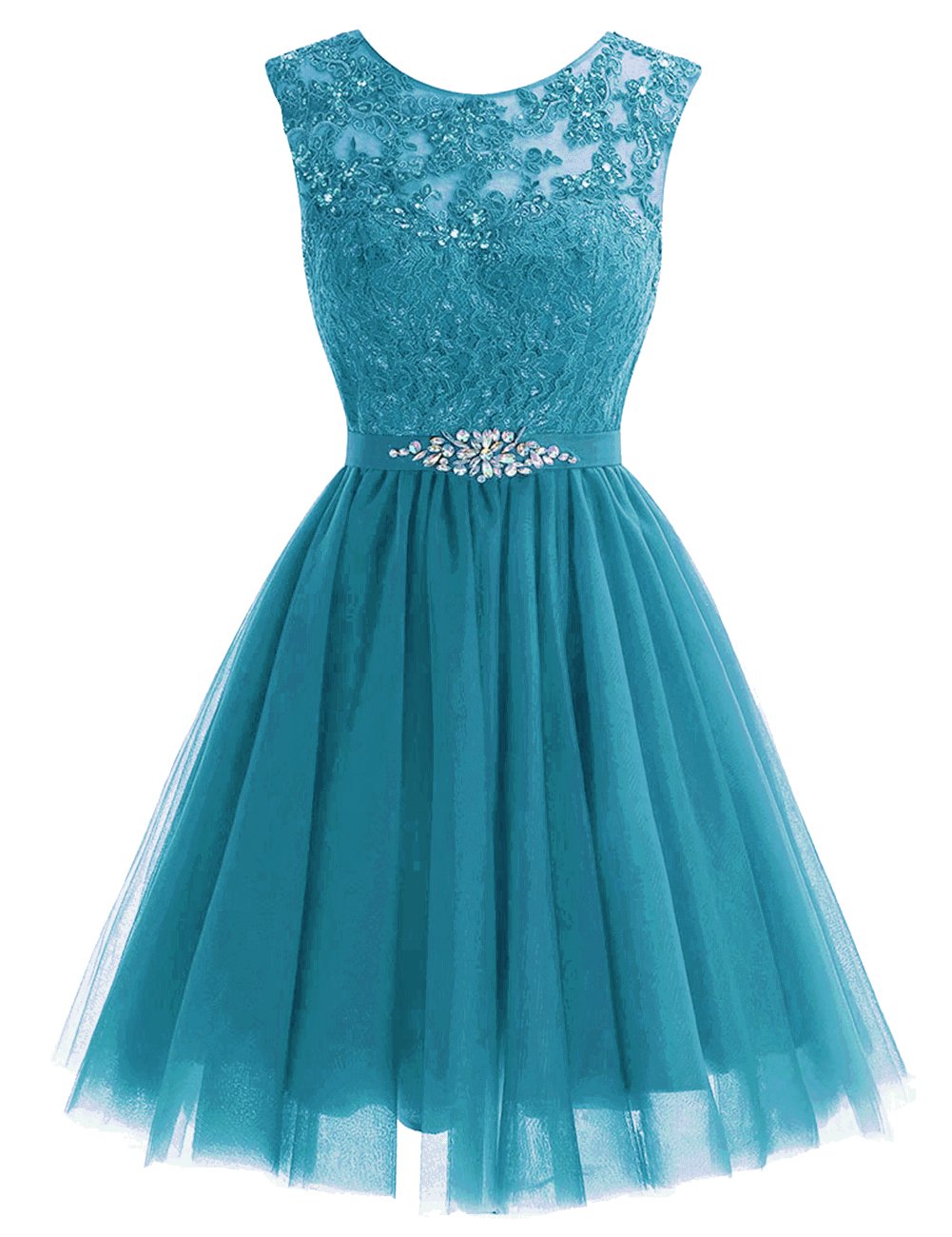 Elegant Short Lace Cocktail Dress with Crystal Sash & Tulle Skirt - Perfect for Homecoming, Prom, Parties & Special Occasions