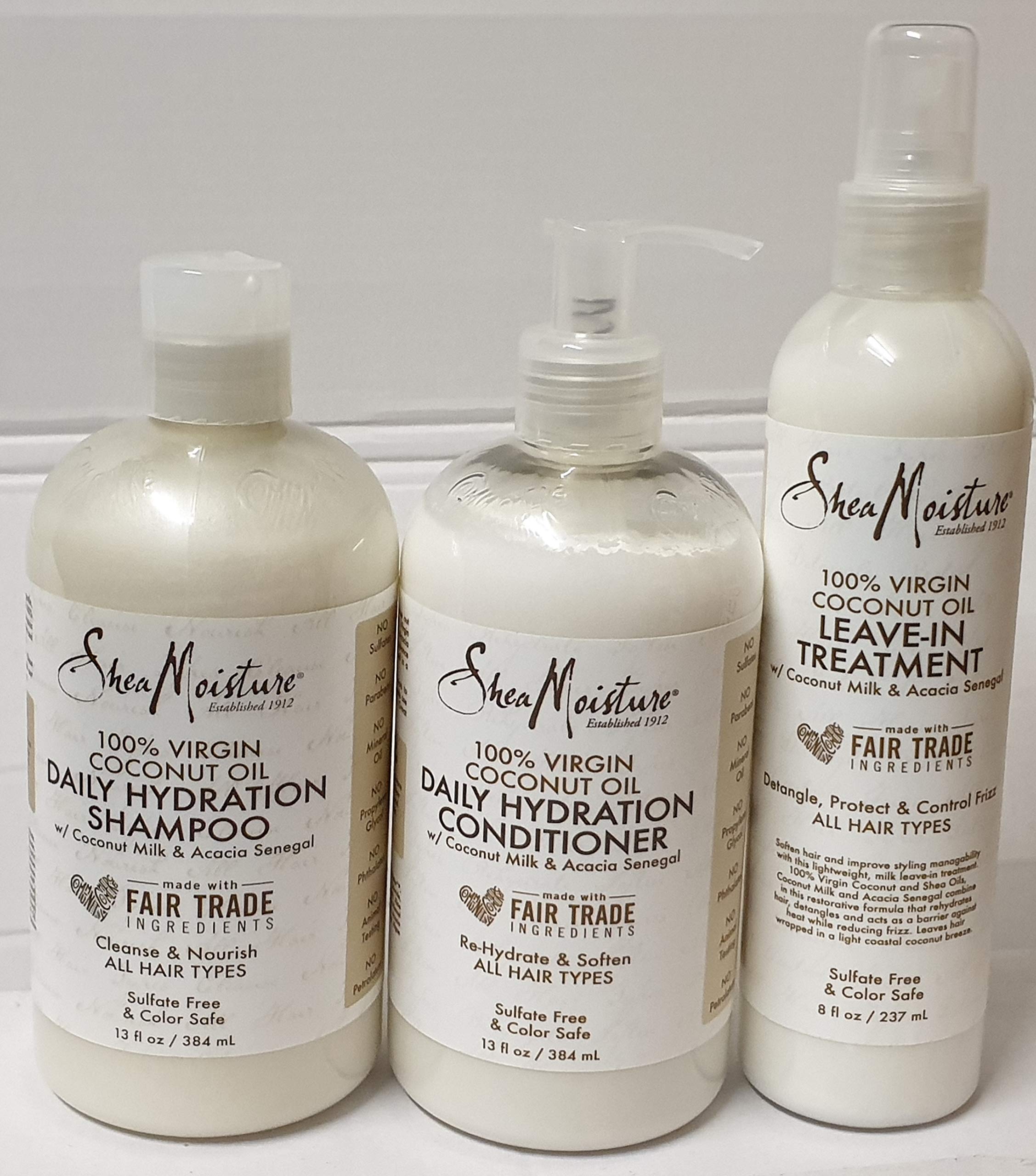**Shea Moisture 100% Virgin Coconut Oil Trio Bundle - Daily Hydration Shampoo (13 Oz), Conditioner (13 Oz) & Leave-in Treatment (8 Oz) for Soft, Nourished Hair - Perfect for Dry, Damaged Hair Care & Daily Moisturizing Routine**