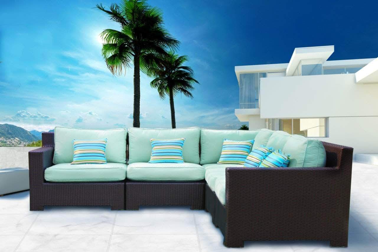 Provence Outdoor Patio Wicker Rattan Modular Corner Sectional Sofa Set - Blue All-Weather Furniture for Garden, Poolside & Backyard Relaxation