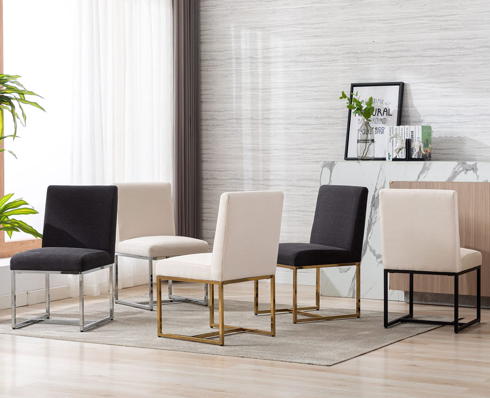 Shunzhi Mid Century Modern Upholstered Dining Chairs Set of 2 - Gold Metal Legs, Linen Fabric Armless Side Chairs for Dining Room, Living Room & Bedroom - Cream Comfortable Seating for Home Decor