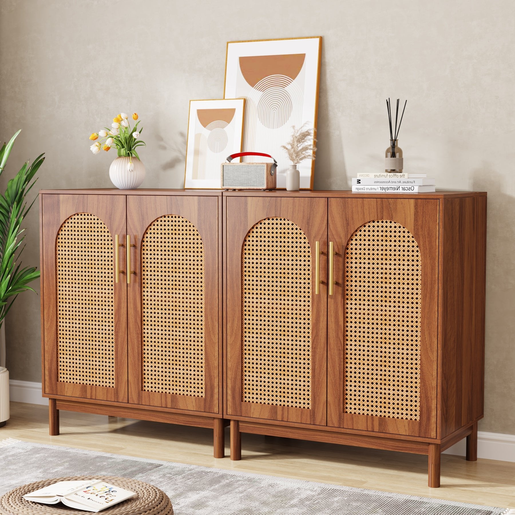 2-Piece Rattan Sideboard Buffet Set with Doors - Stylish Storage Cabinet for Dining Room, Living Room, or Entryway Organization