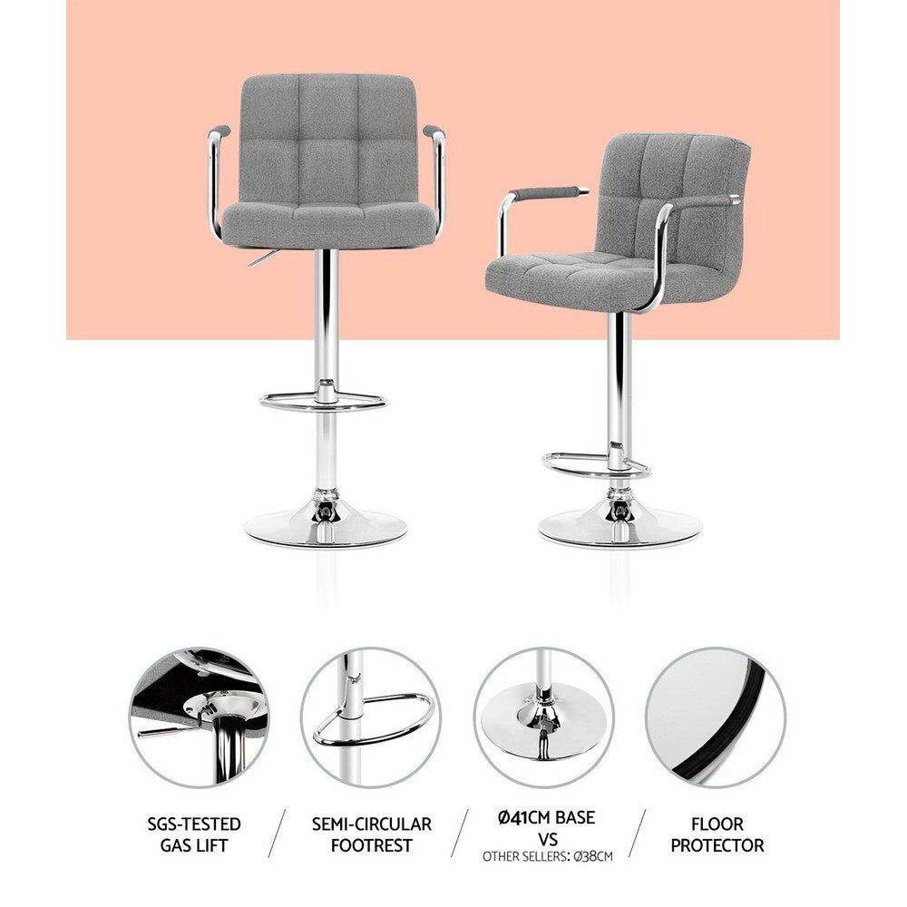 2-Pack Grey Fabric Bar Stools with Gas Lift and Armrests - Perfect for Kitchen Islands, Breakfast Bars, and Home Bars