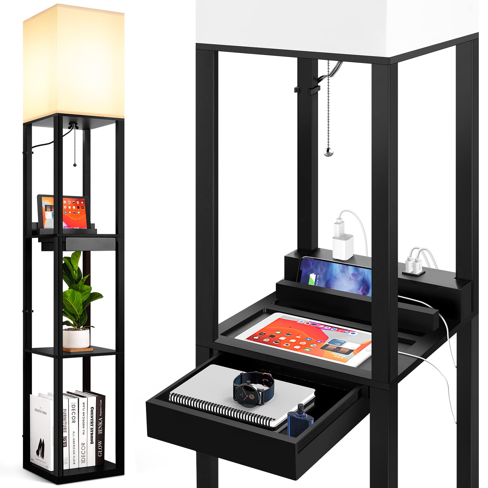 BrightHome Modern Floor Lamp with Shelves and Drawer - Tall Standing Lamp with 2 USB Ports & 1 Outlet - Solid Wood Storage Shelf Lamp for Living Room, Bedroom, Office - Perfect for Reading, Working & Charging Devices