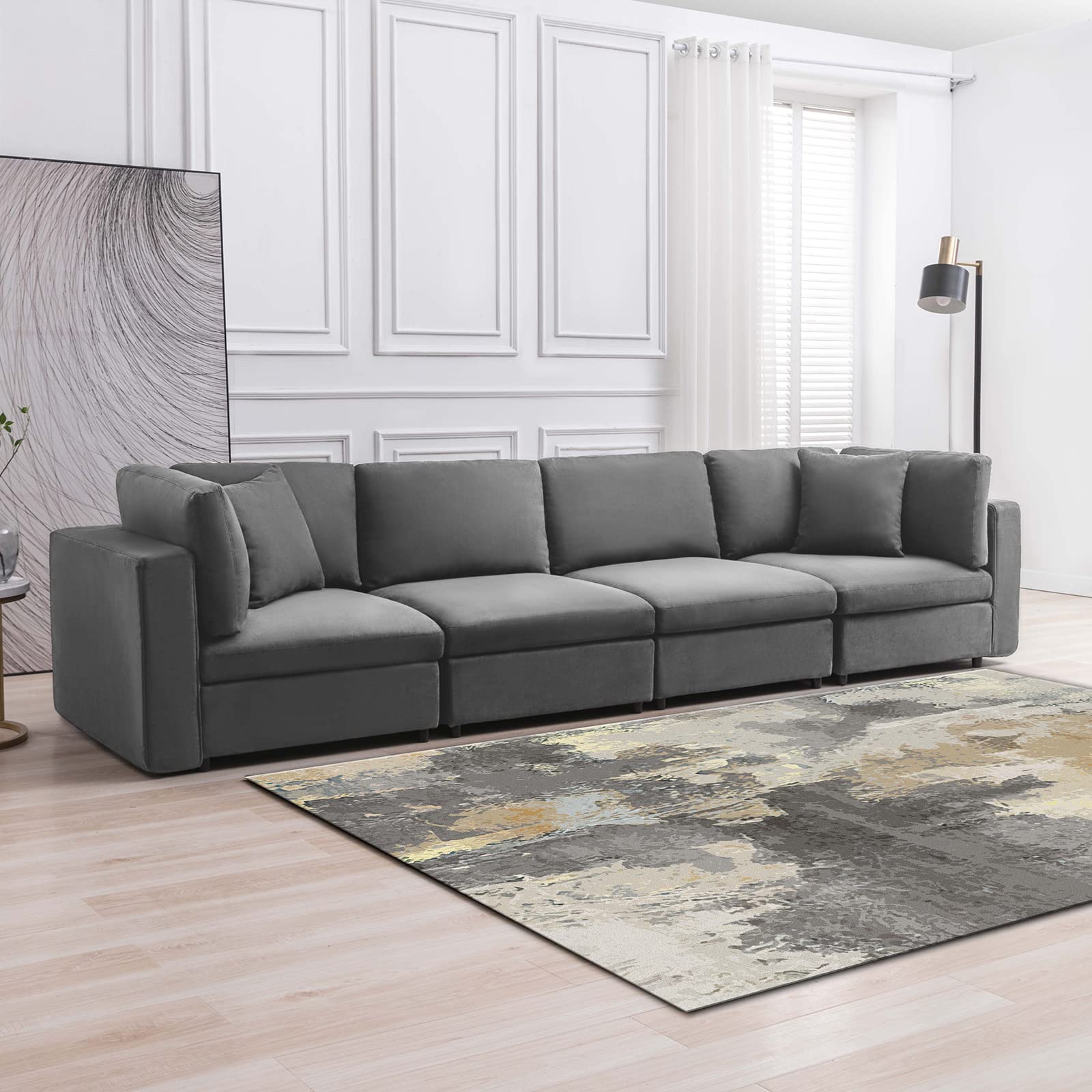 BALUS Modern Convertible 4-Seat Sectional Sofa with Wood Legs - Corner Sleeper Sofa Couch, Modular Living Room Furniture in Light Grey - Perfect for Small Spaces, Apartments & Home Theater Seating