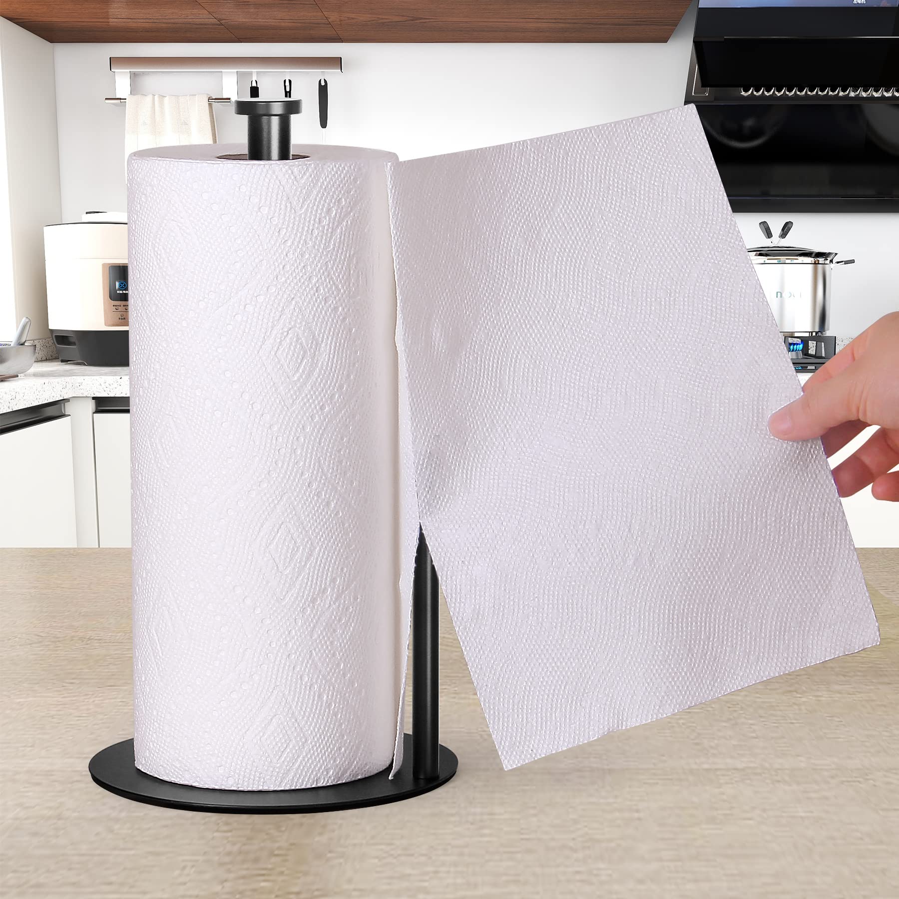 OBODING Black Stainless Steel Paper Towel Holder for Kitchen & Bathroom - Countertop Stand Fits Standard & Large Rolls (Matte Black) - Perfect for Home, Office, and Restaurant Organization