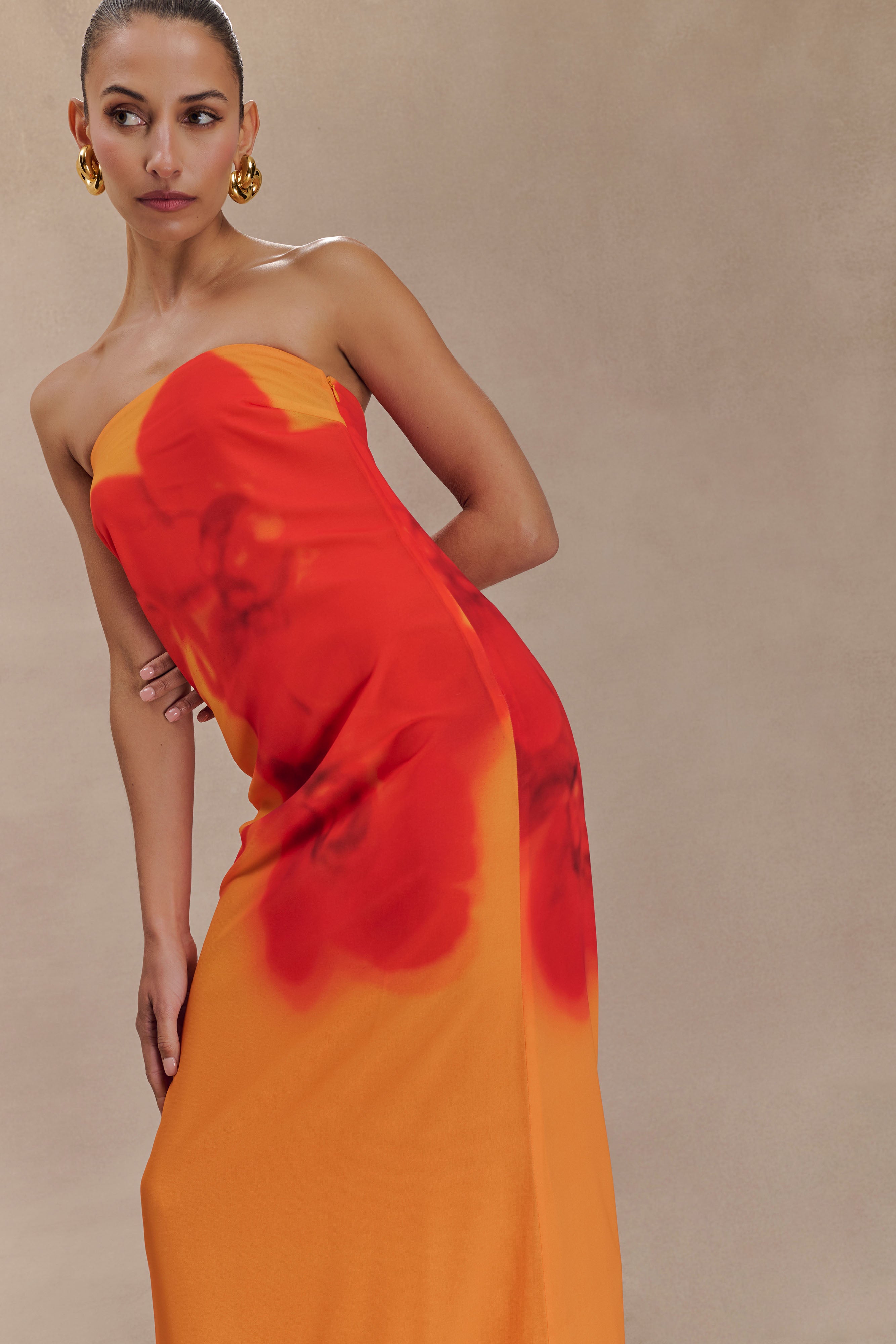Amaya Strapless Chiffon Maxi Dress - Elegant Koi Orchid Print for Women | Perfect for Beach Weddings, Summer Parties & Formal Events