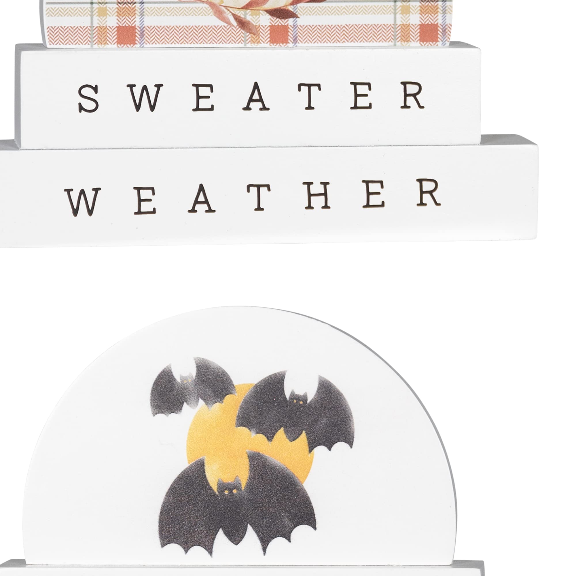 Stratton Home Decor Double-Sided Fall & Halloween Tabletop Decor - Rustic Wooden Centerpiece for Empty Tables - White Seasonal Home Decor (1.25”x7”x5.5”) - Perfect for Living Room, Dining Table, Mantel & Entryway Decorations