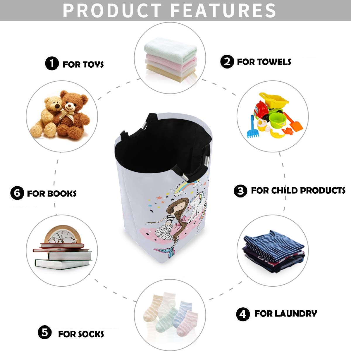 Visesunny Unicorn Mermaid Rainbow Large Laundry Bag - Collapsible Oxford Fabric Laundry Hamper with Handles, Foldable Portable Dirty Clothes Basket, Waterproof Washing Bin for Kids Room, Dorm, Travel & Camping
