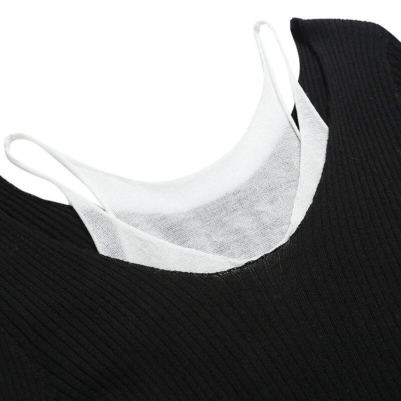 Black Slim Fit Fake Two Layered Round Neck Long Sleeve Sweater for Women - Korean Style Casual Pullover | Perfect for Autumn Outfits, Office Wear & Coffee Dates