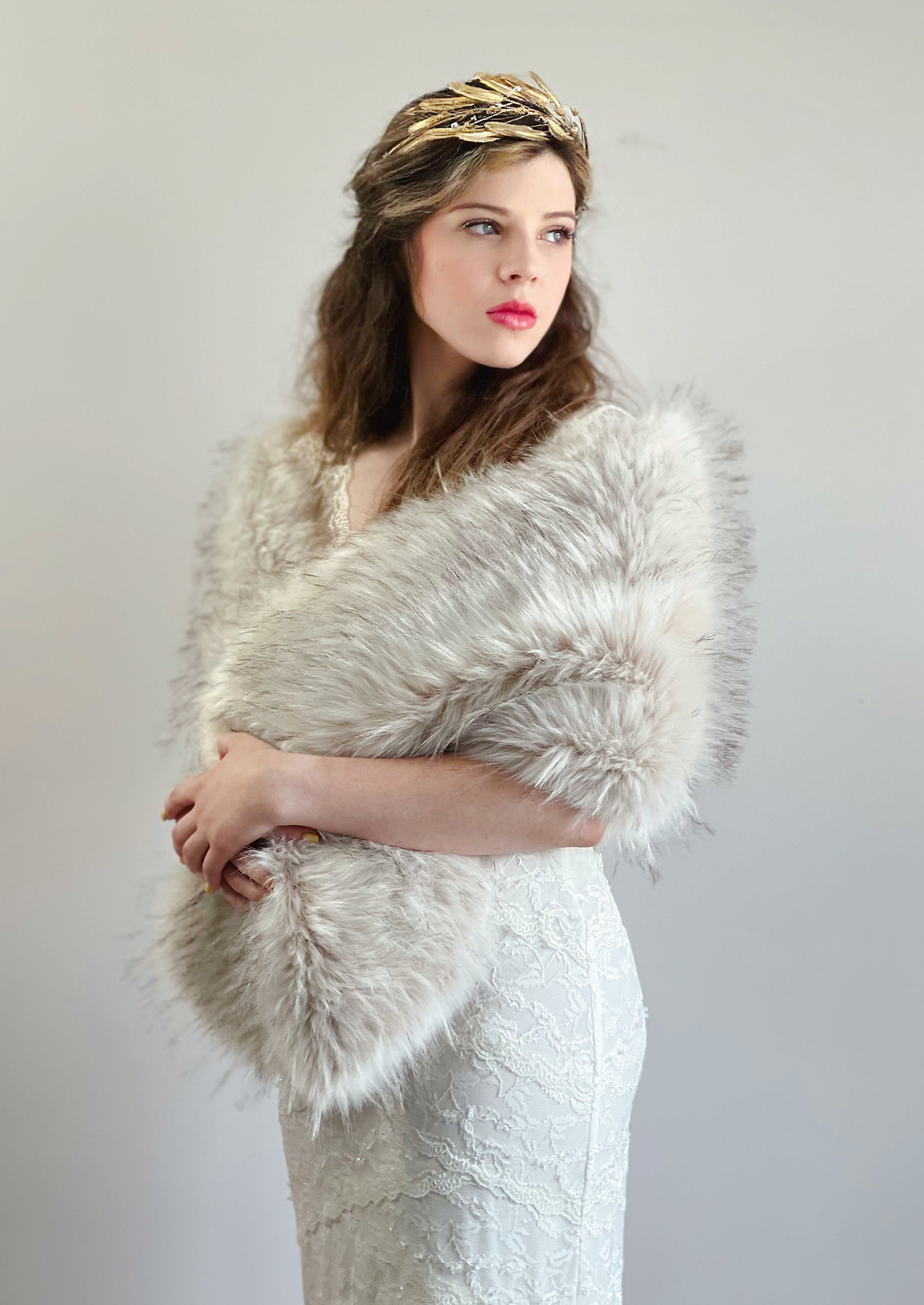 Lilian Blu02 Black-Tipped Blush Faux Fur Shawl - Elegant Winter Wrap for Women, Perfect for Parties, Weddings & Evening Events