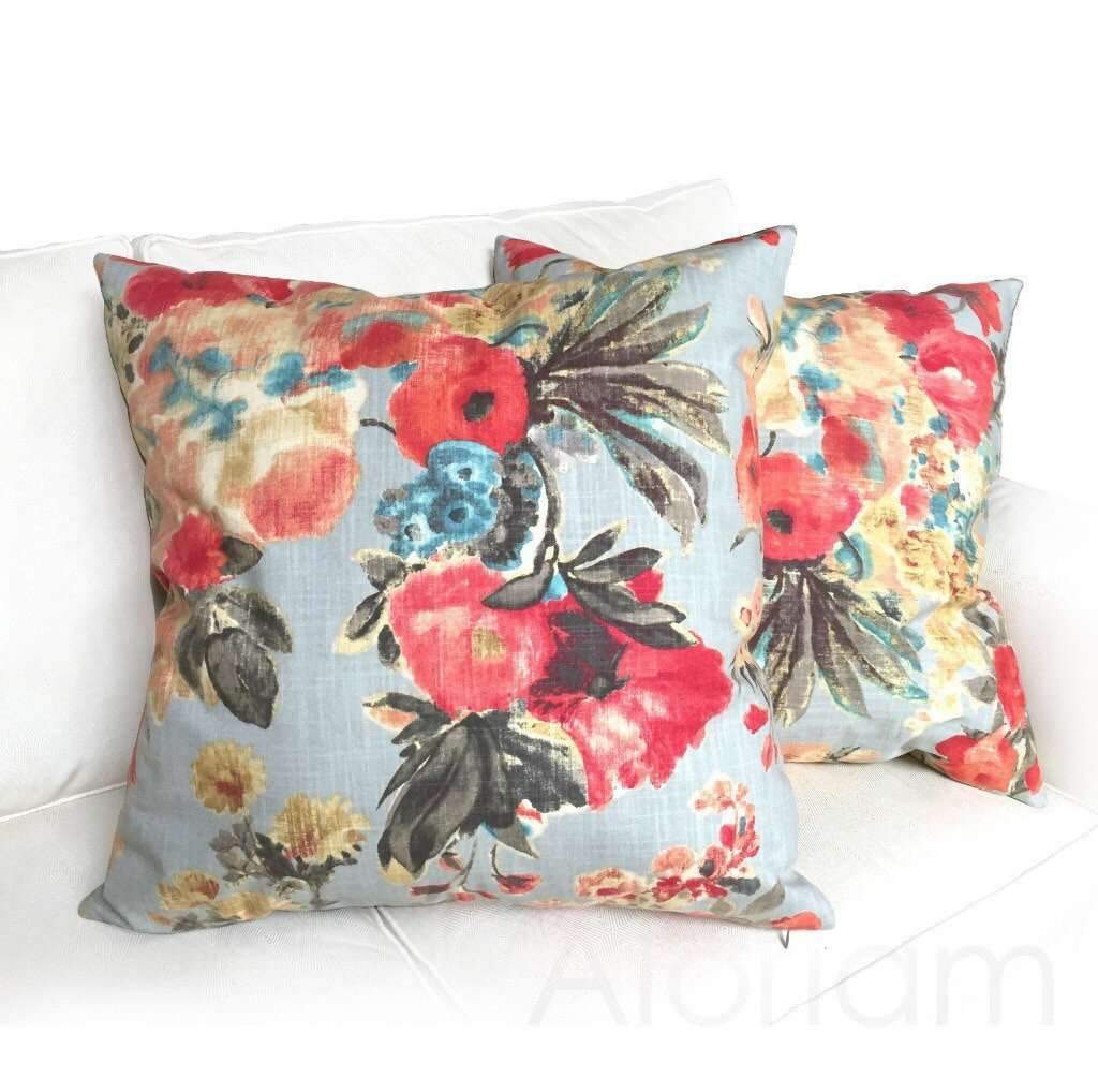 HGTV Garden Odyssey Abstract Floral Pillow Cover - Fog Gray, Red, Teal, Beige & Pink | Decorative Throw Pillow for Living Room, Bedroom & Outdoor Patio