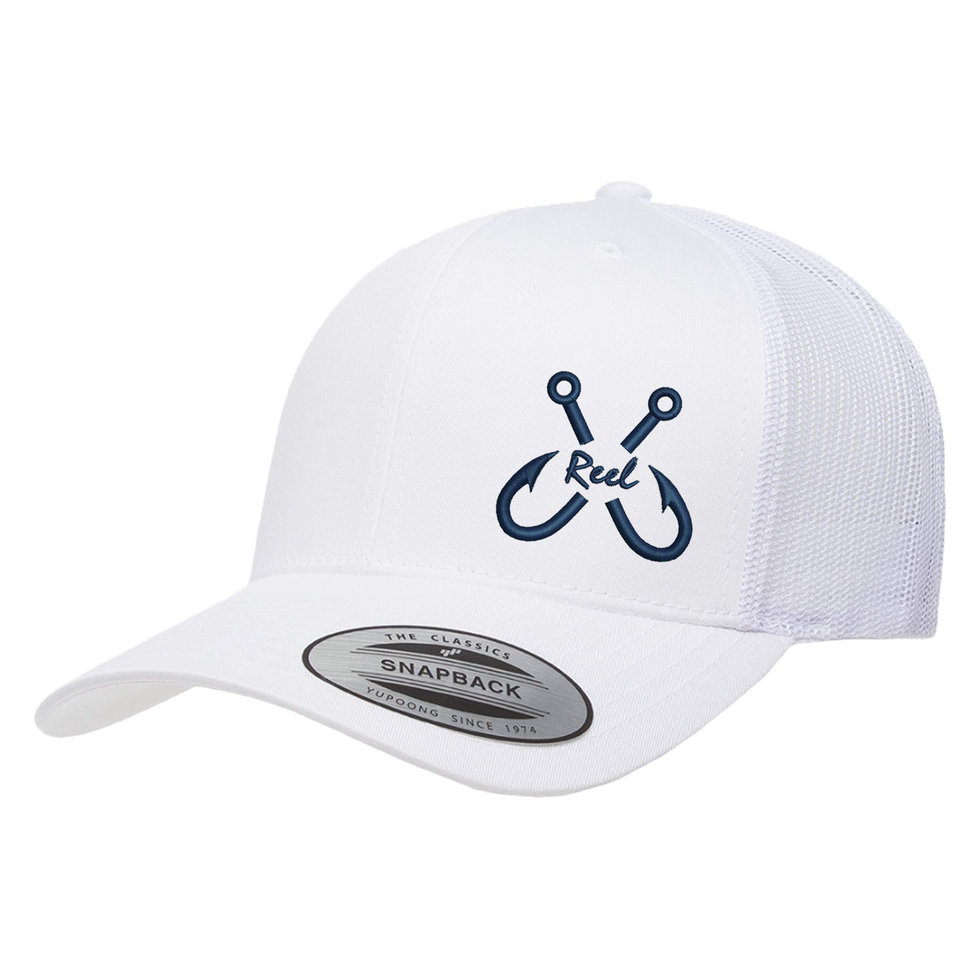 Embroidered Fishing Hooks & Reel Text Design Trucker Snapback Cap - Adjustable Mesh Back Hat for Men & Women - Perfect for Fishing, Outdoor Adventures & Casual Wear