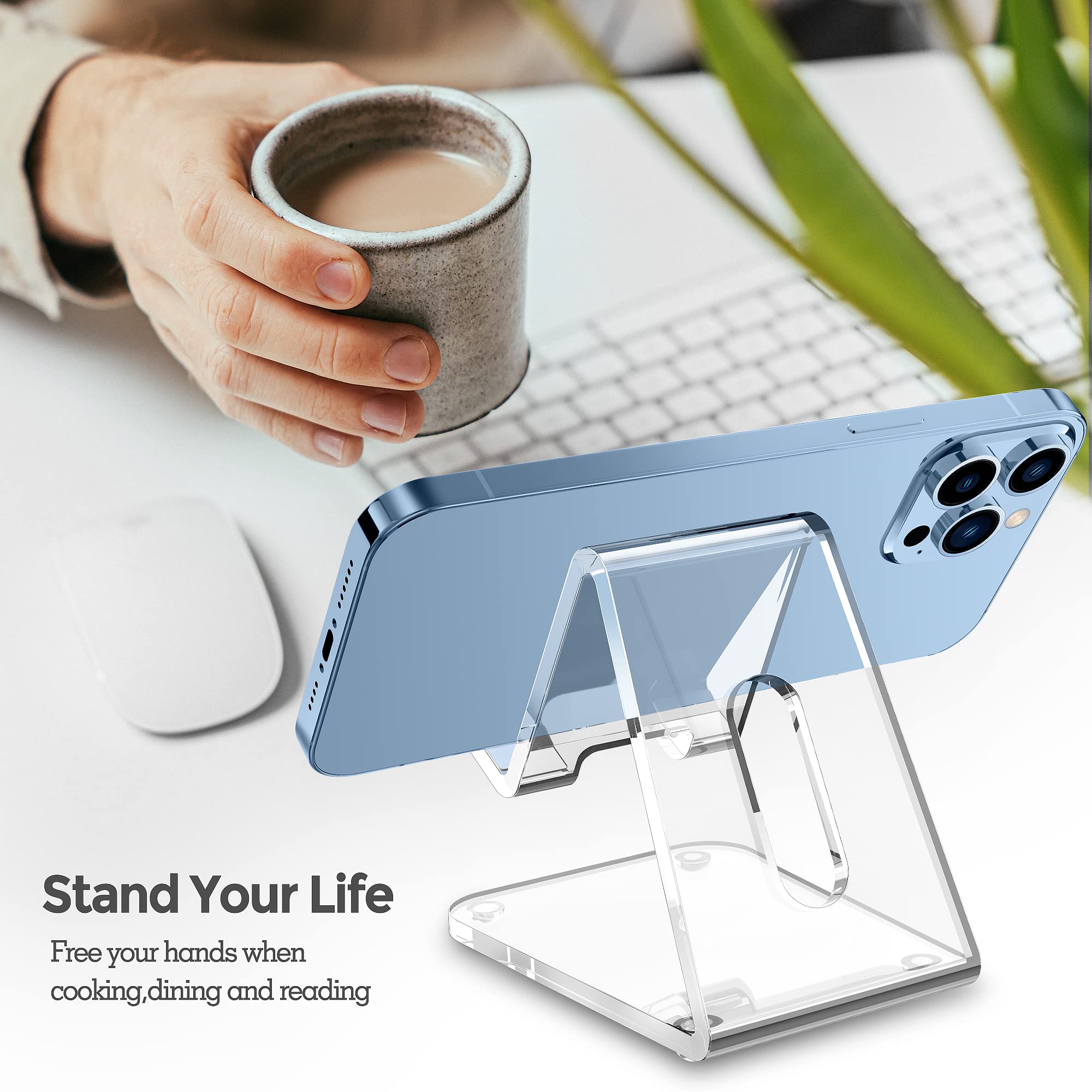 CreaDream 5mm Thick Clear Acrylic Phone Stand - Transparent Smartphone Holder for Desk, Desktop, Office & Home - Compatible with iPhone 14/13 Pro Max & All 4-8 Inch Phones - Perfect for Watching Videos, Video Calls & Hands-Free Use