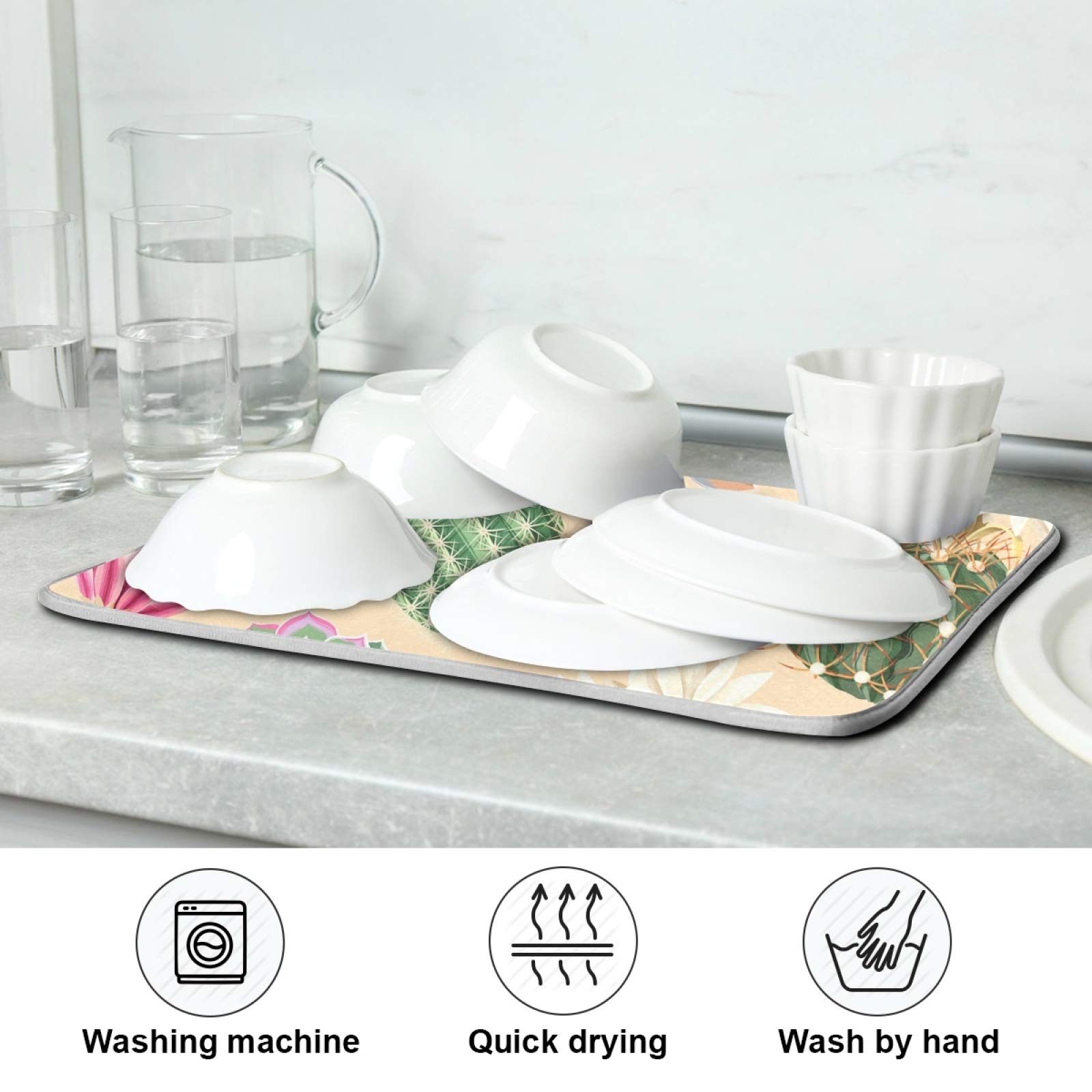 Susiyo Super Absorbent Microfiber Dish Drying Mat - 16x18 Inch Heat-Resistant Kitchen Counter Mat with Cute Succulent Cactus Design | Perfect for Drying Dishes, Protecting Countertops & Adding Style to Your Kitchen