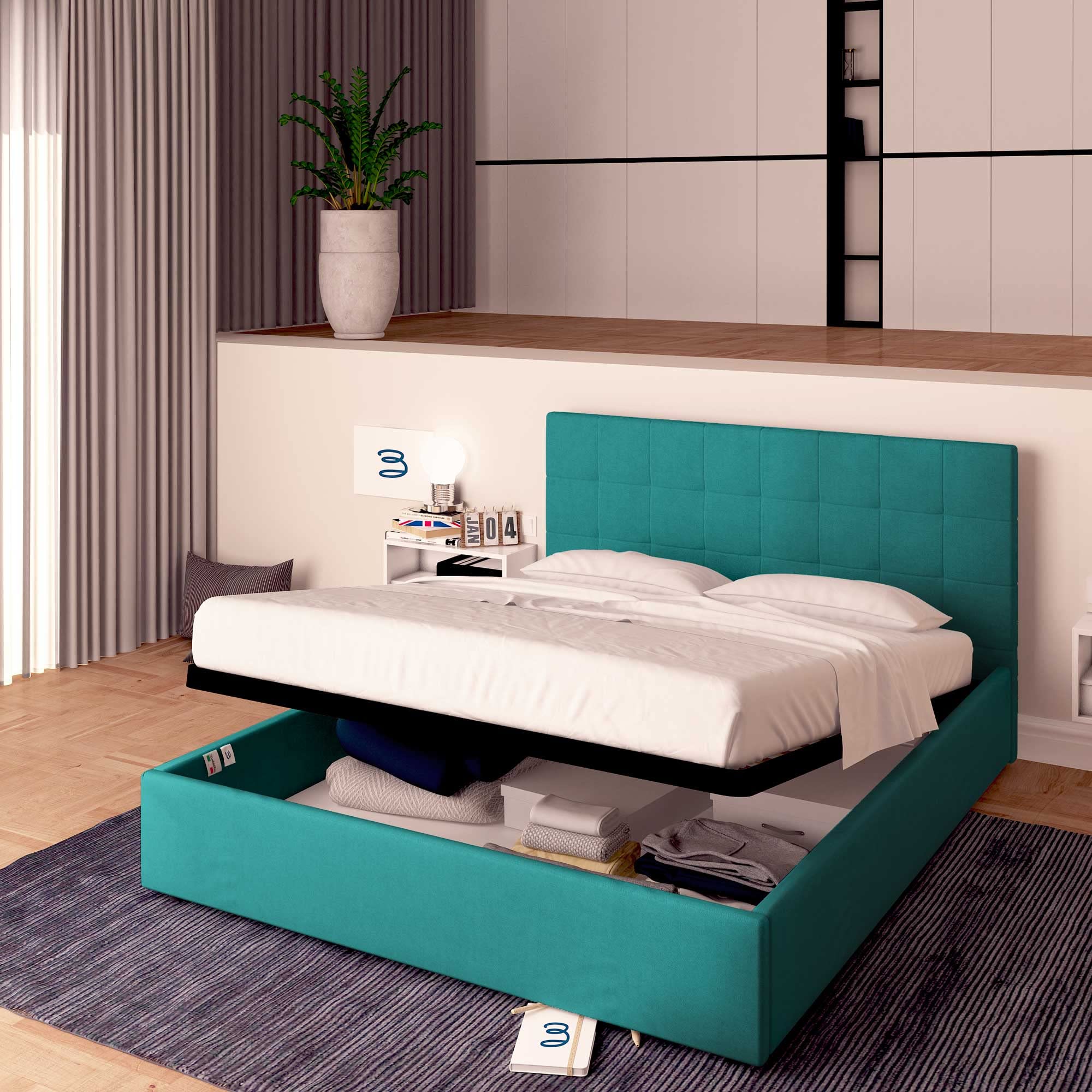 Baldiflex Square and Half Bed with Dublin Fabric Storage, Slatted Base for Square and Half Mattresses, 120 x 200 cm, Elegant Turquoise Headboard - Perfect for Small Bedrooms, Guest Rooms & Space-Saving Solutions