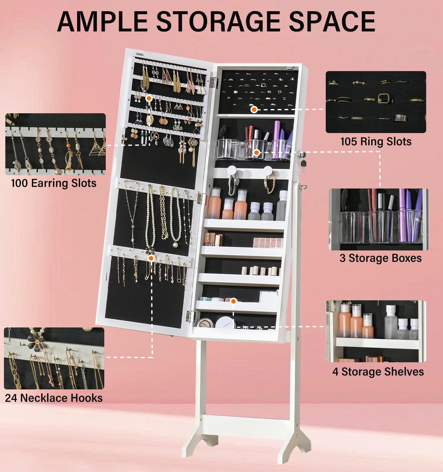 BOSTANA 6-LED Full Length Mirror Jewelry Cabinet with Touch Control & Adjustable Angles - White Jewelry Organizer Armoire with Storage | Perfect for Bedroom, Dressing Room & Closet Organization
