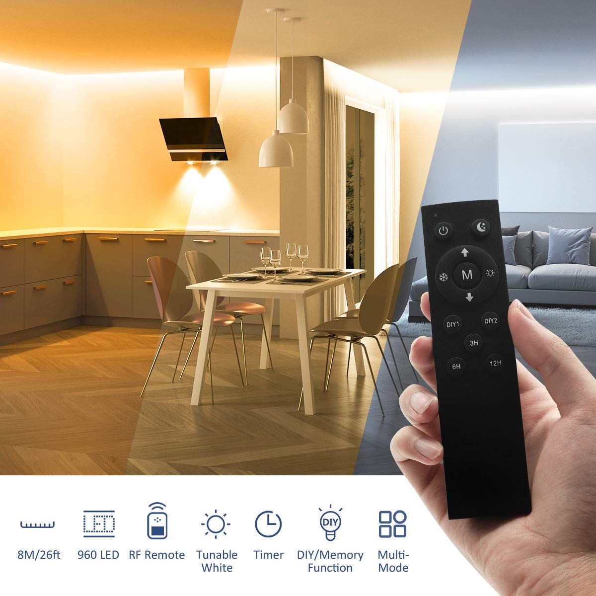 26ft Dimmable White LED Strip Lights 24V 3000K-6500K with Remote - Flexible 2835 LED Tape for Kitchen, Under Cabinet, Bedroom, Mirror - Indoor Home Lighting (Daylight & Warm White) - Perfect for Accent Lighting, Home Decor & DIY Projects