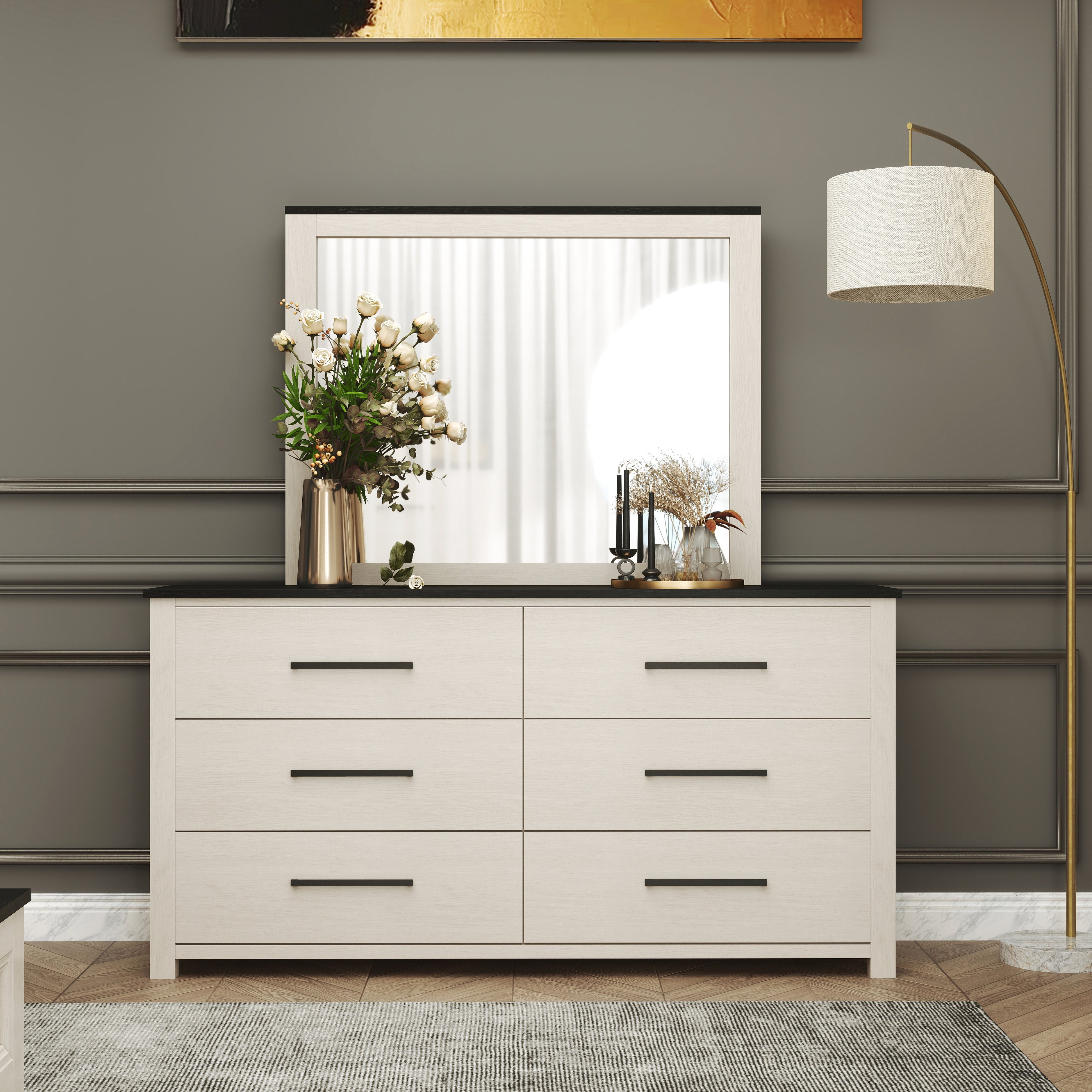 Roundhill Furniture Realynn 6-Drawer Bedroom Dresser with Mirror, Off White Finish - Stylish Storage Solution for Bedroom, Closet & Nursery Organization