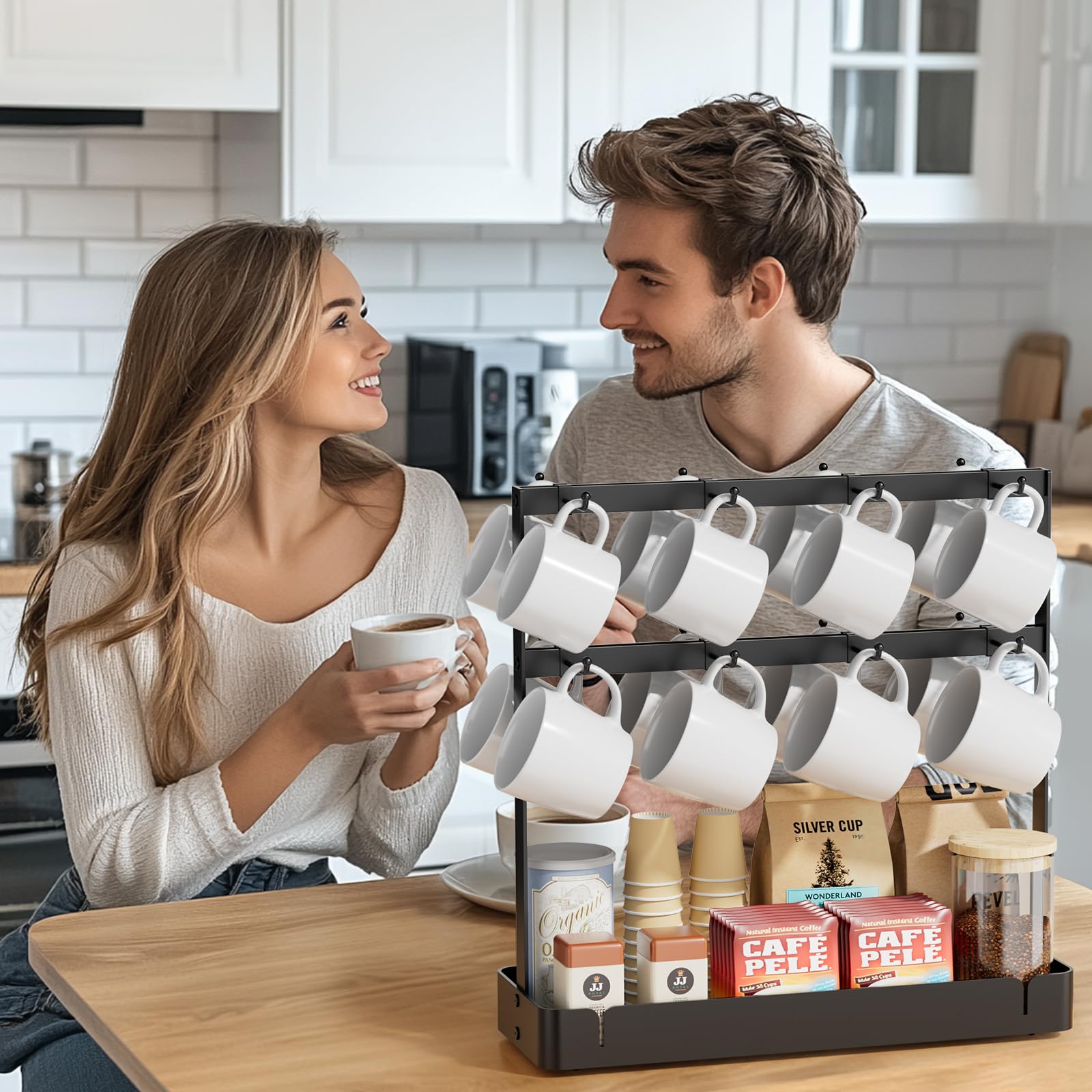 16-Hook Adjustable Metal Coffee Mug Holder - 2-Tier Countertop Cup Rack with Storage Shelf for Kitchen & Office - Perfect for Organizing Mugs, Cups, and Small Kitchen Accessories