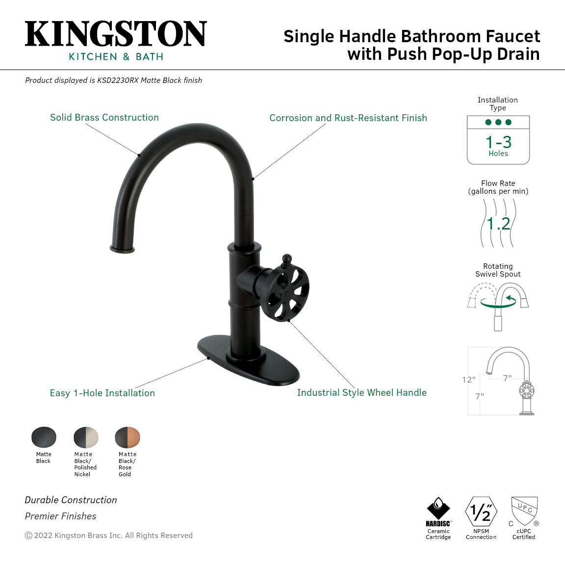 Belknap KSD2236RX Single Handle 1-Hole Bathroom Sink Faucet with Deck Plate & Push Pop-Up Drain - Matte Black/Polished Nickel Finish for Modern Bathroom Renovation & Home Upgrade