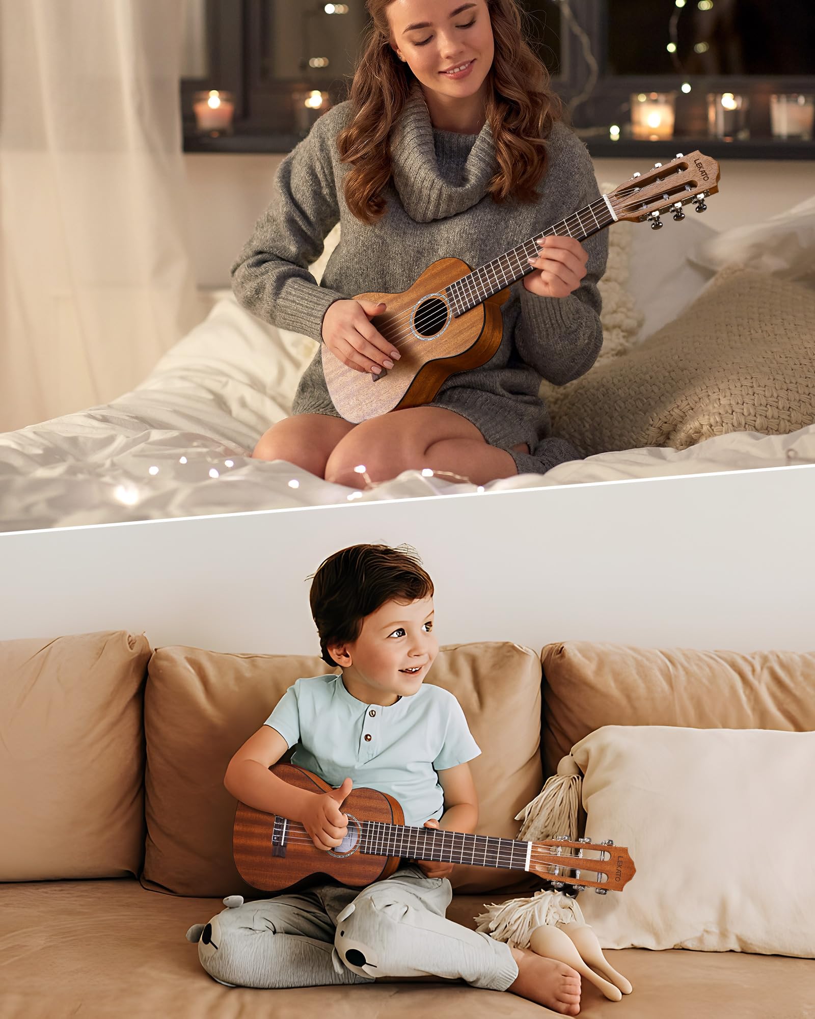 LEKATO GT-800 Mahogany Guitalele 6-String 28-Inch Beginner Guitarlele | 1/4 Size Classical Guitar | Small Hawaiian Travel Guilele with Gig Bag, Strap & Picks | Perfect for Travel, Camping & Beginners Learning Ukulele