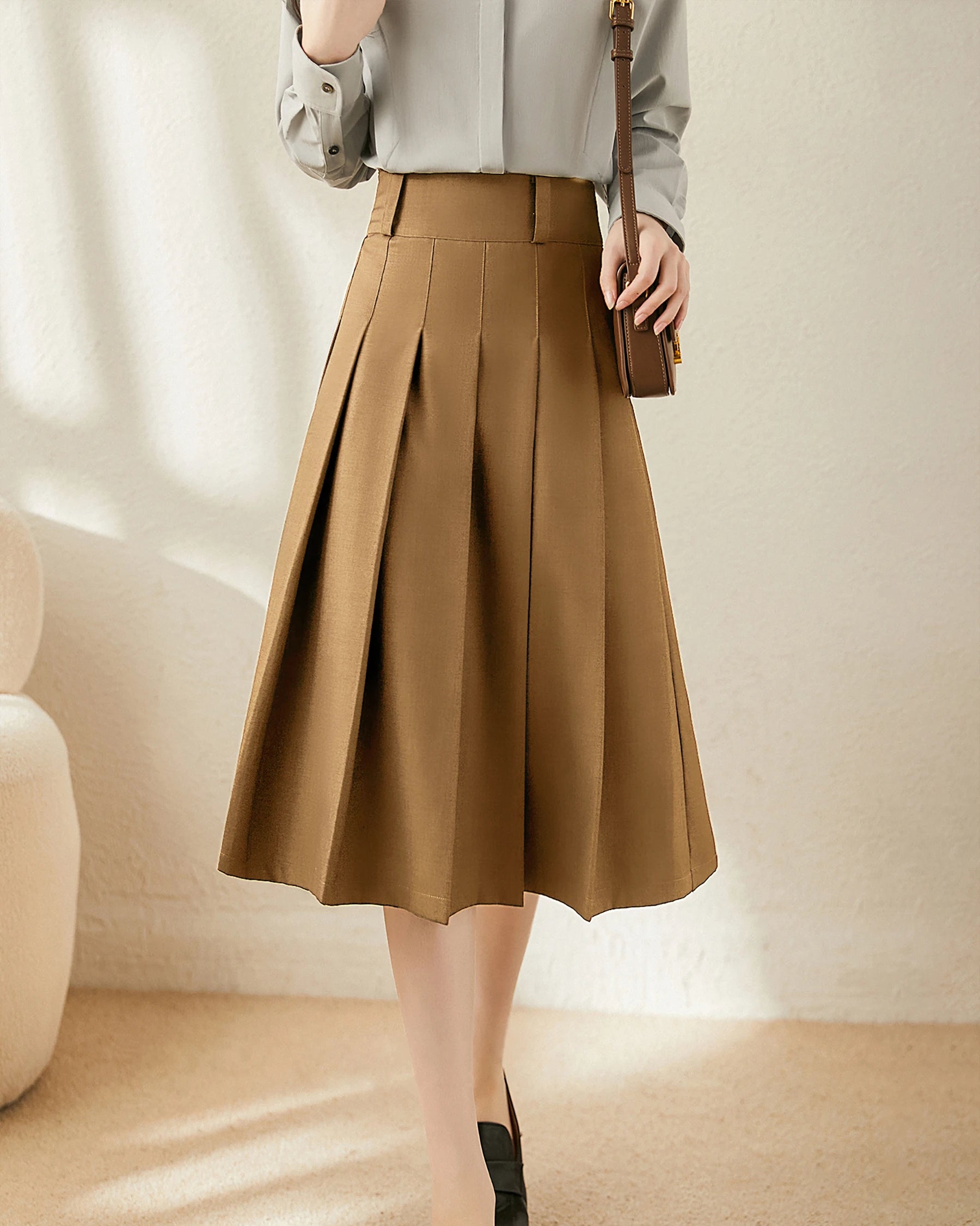 Elegant A-Line Pleated Wool Midi Skirt for Women - Winter Fashion Staple - Perfect for Office, Parties & Holiday Outfits