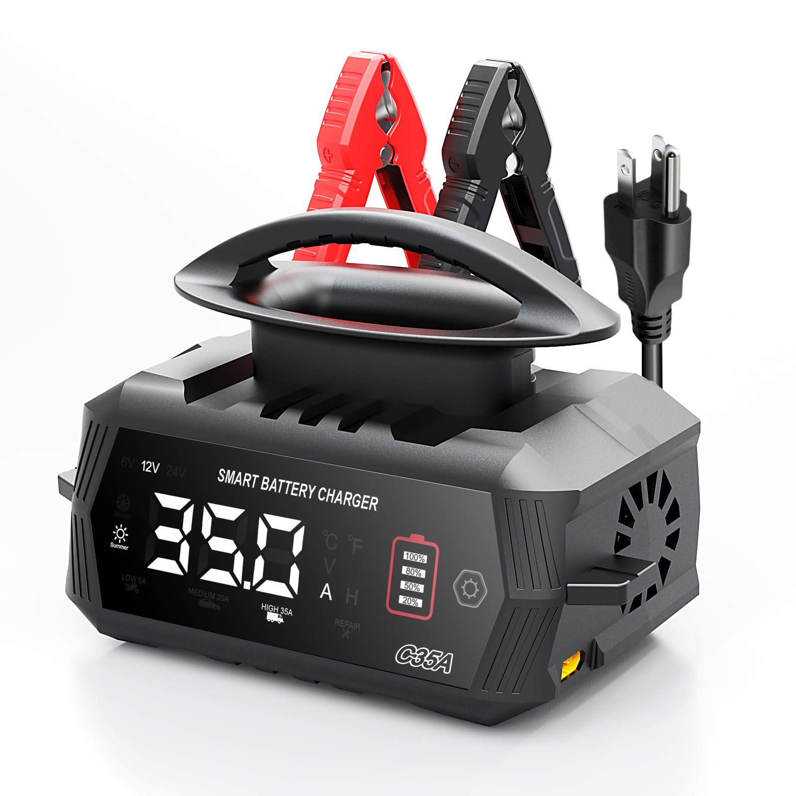 35 Amp Smart Lithium Battery Charger - 6V 12V 24V Lifepo4 Trickle Charger & Maintainer with Desulfation for Car, Boat, Motorcycle, RV - Portable Charging Solution for Long-Term Vehicle Storage & Maintenance