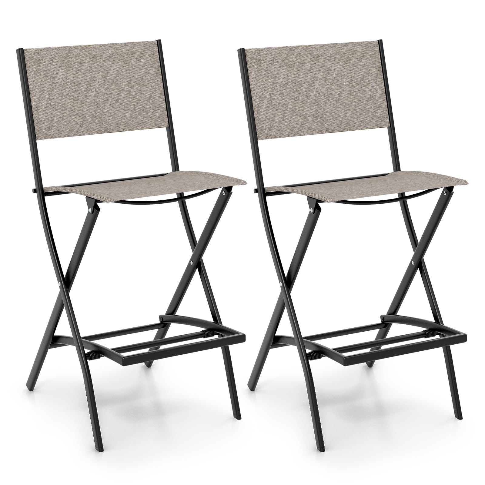 Giantex Set of 2 Folding Outdoor Bar Stools - Counter Height Patio Chairs with Footrest & Back Support, All-Weather Resistant Metal Frame for Porch, Deck, Lawn, Garden - Light Brown | Perfect for Outdoor Dining, Poolside Lounging & Backyard Entertaining