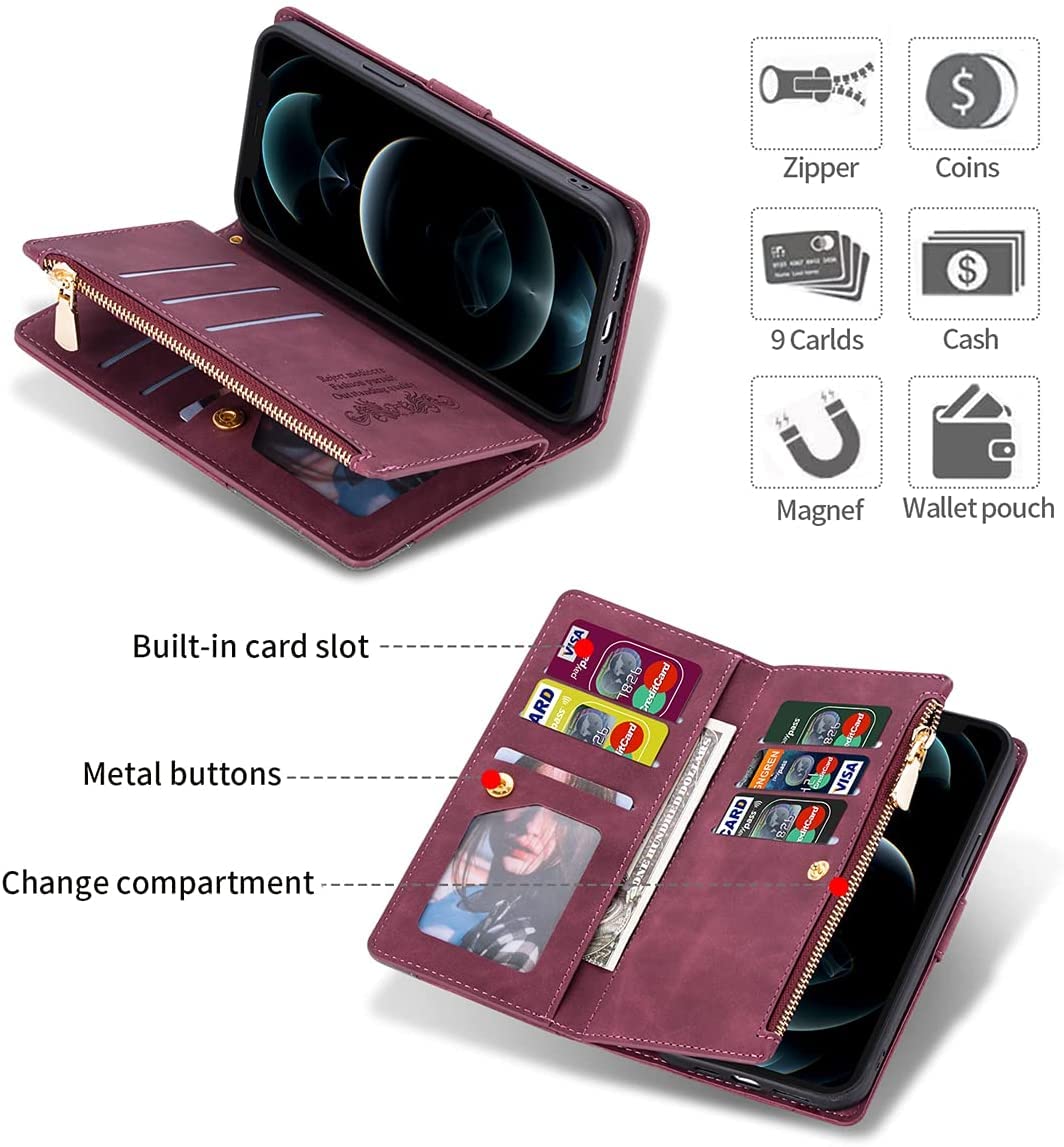 Premium Leather Wallet Case for Samsung Galaxy S22 Plus - 9 Card Slots & Zipper Pocket with Handbag Wristlet Flip Cover (Red) | Perfect for Daily Use, Travel & Business Meetings