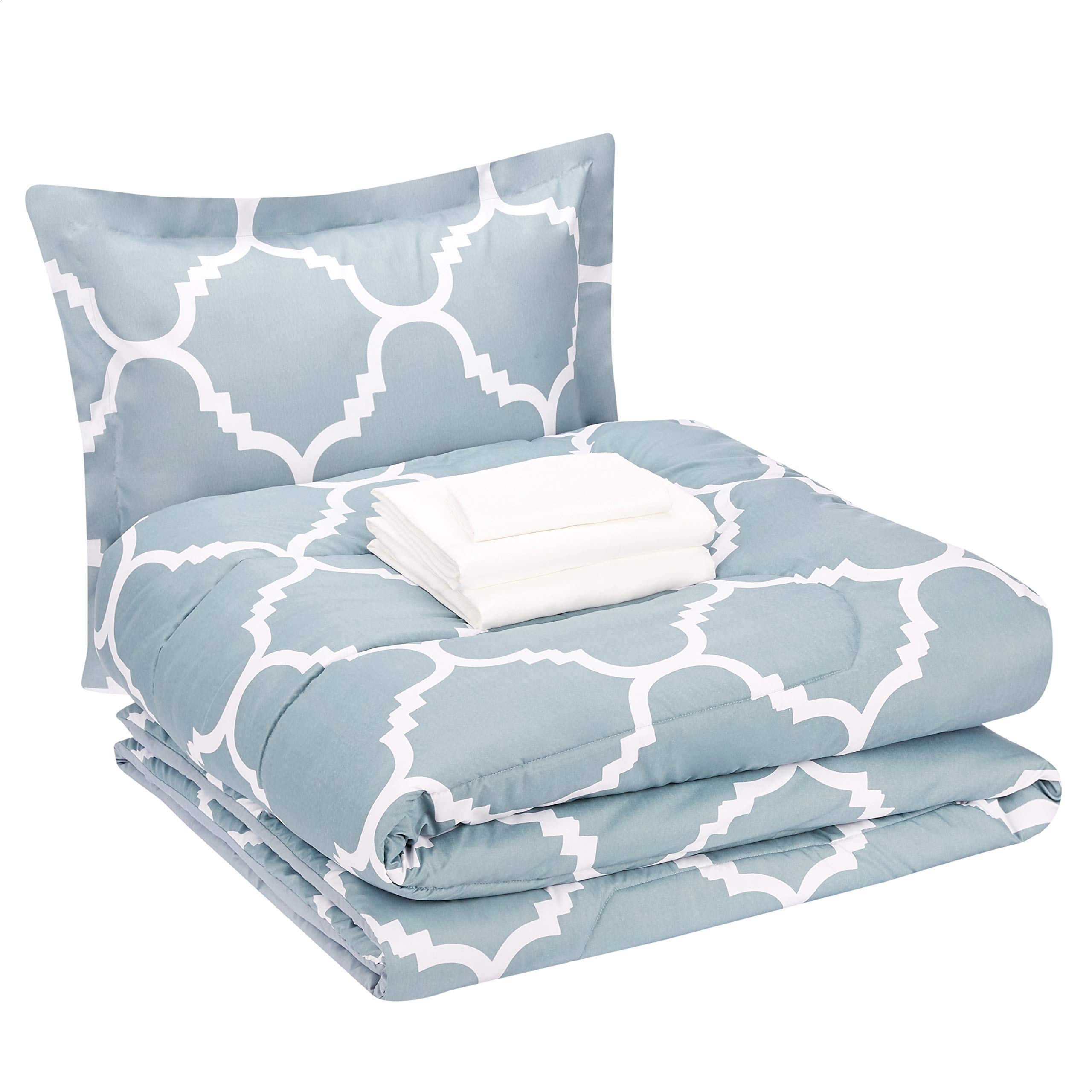Amazon Basics Lightweight Microfiber 5-Piece Bed-in-a-Bag Comforter Set - Twin/Twin XL Size, Dusty Blue Trellis Print - Soft Breathable Bedding for Dorms, Apartments & Guest Rooms
