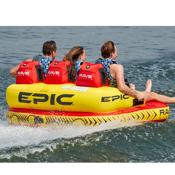 Rave Sports Epic 3 Rider Towable Tube - Heavy Duty Inflatable Water Tube for Boating, Lakes & Beach Fun - Perfect for Family & Friends Water Sports Activities