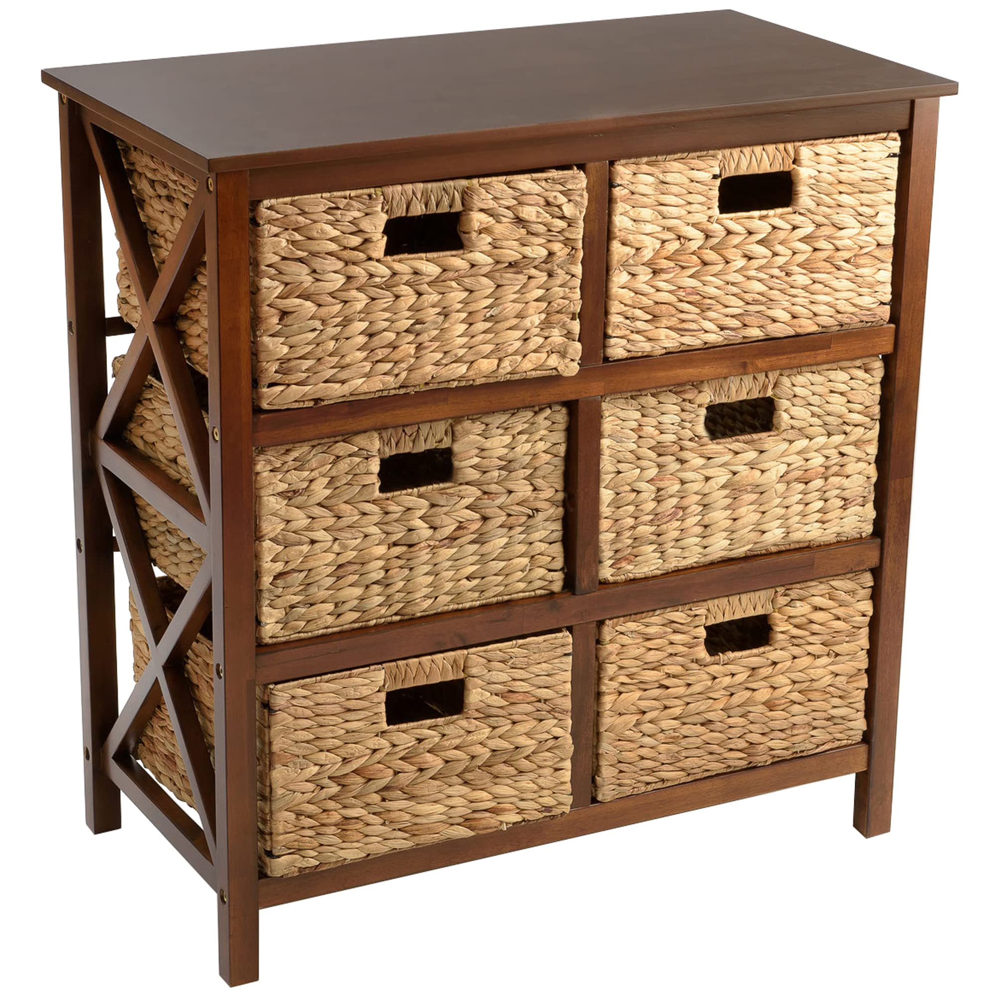 3-Tier X-Side End Table Storage Cabinet with 6 Wicker Baskets - Walnut Finish for Living Room, Bedroom, or Entryway Organization