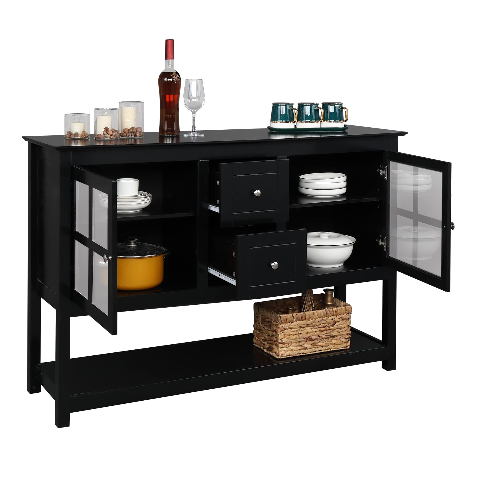 Knutat Black Transparent Double Door Sideboard with Wine Rack - Kitchen Buffet Cabinet for Dining Room, Liquor Storage, Porch Console Table | Perfect for Home Entertaining & Wine Display