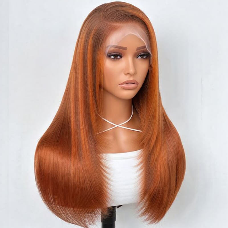 Eullair Green Skunk Stripe Layered Cut Straight Human Hair Wig with Golden Ginger Highlights - Pre Cut Lace Front for Natural Look | Perfect for Cosplay, Halloween, Daily Fashion & Special Occasions
