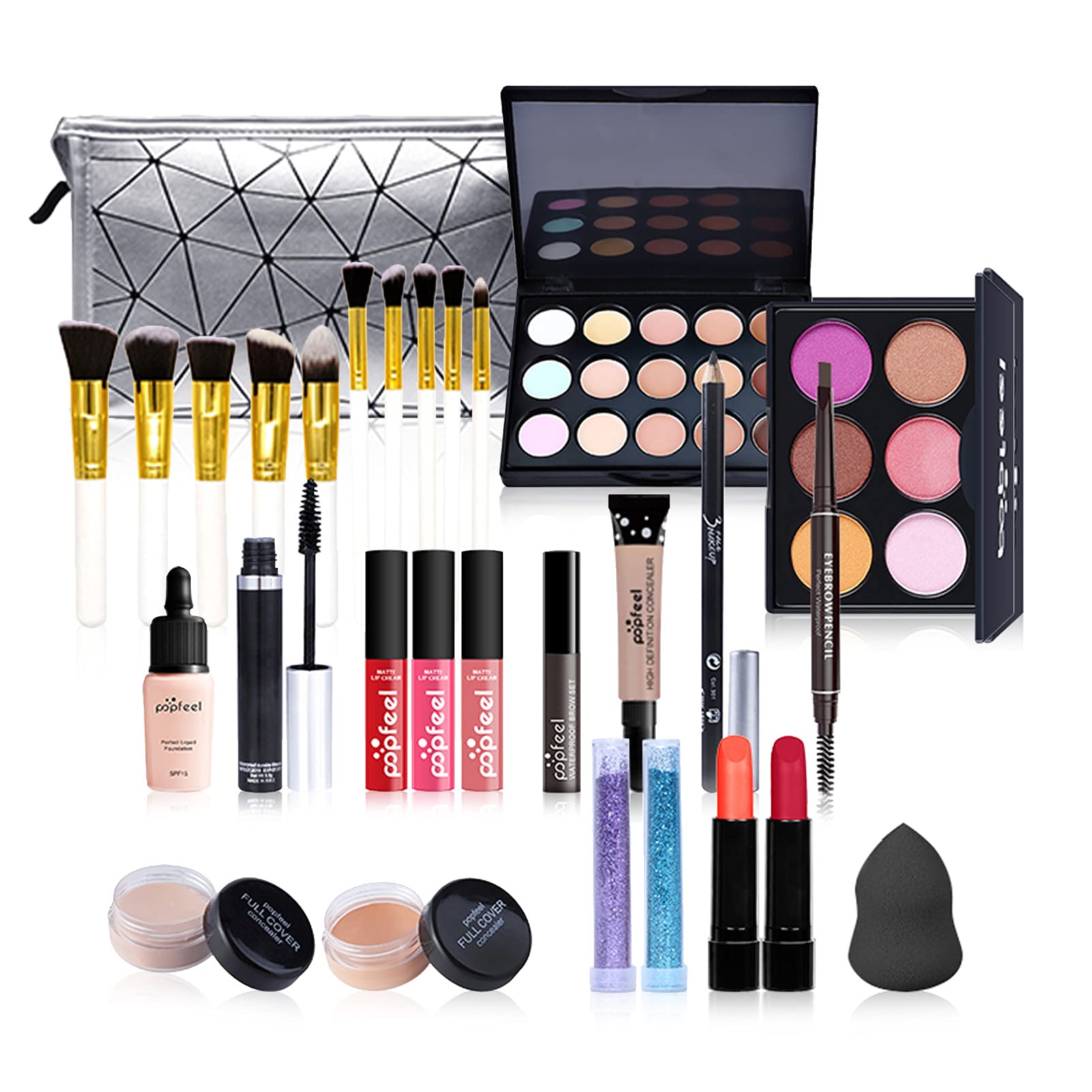 All in One Makeup Kit for Women - Complete Cosmetic Starter Set with Makeup Brushes, Eyeshadow Palette, Lip Gloss, Eyebrow Pencil & Mascara - Perfect for Travel, Daily Makeup & Professional Beauty Use (KIT007)