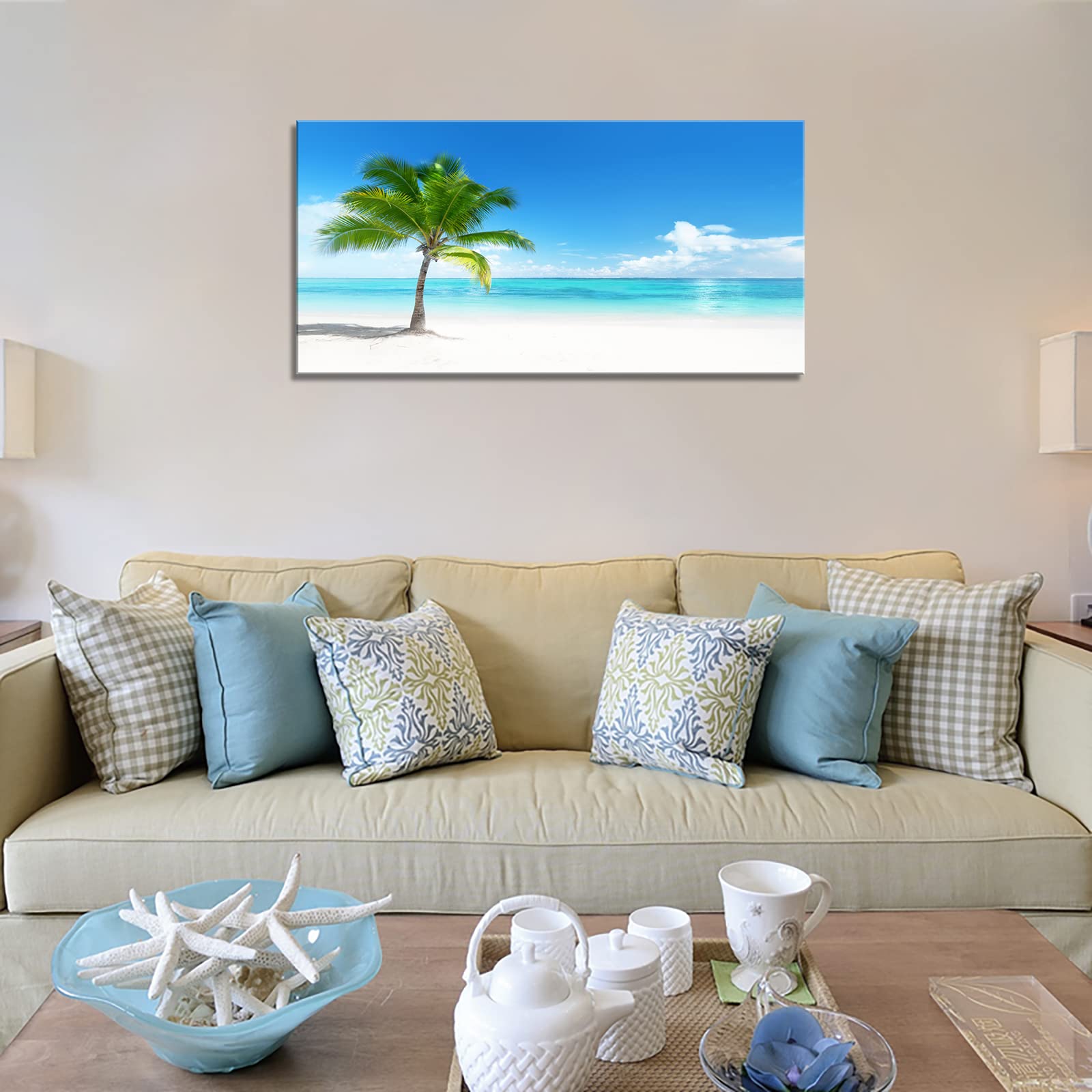 YP0875 Tropical Beach Canvas Wall Art - Palm Tree & Ocean Seascape Painting for Bathroom, Living Room, Bedroom, Kitchen, Office Decor | Coastal Home Decor, Perfect for Beach Houses & Vacation Rentals