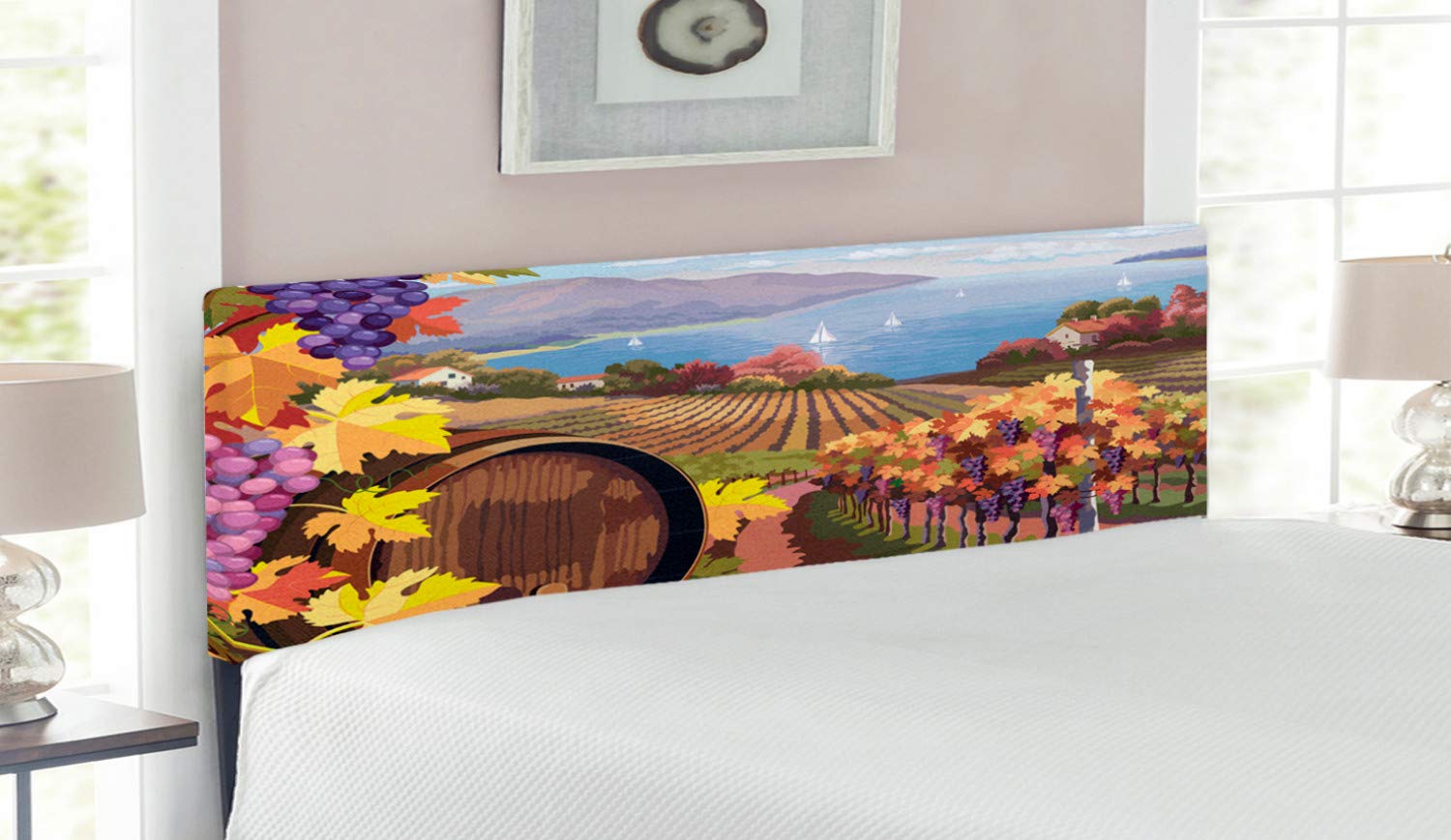 Ambesonne Winery Headboard - Countryside Vineyard Landscape Print Upholstered Metal Bed Frame with Memory Foam | Queen Size Blue & Yellow Farmhouse Decor | Perfect for Bedroom, Guest Room & Airbnb Styling