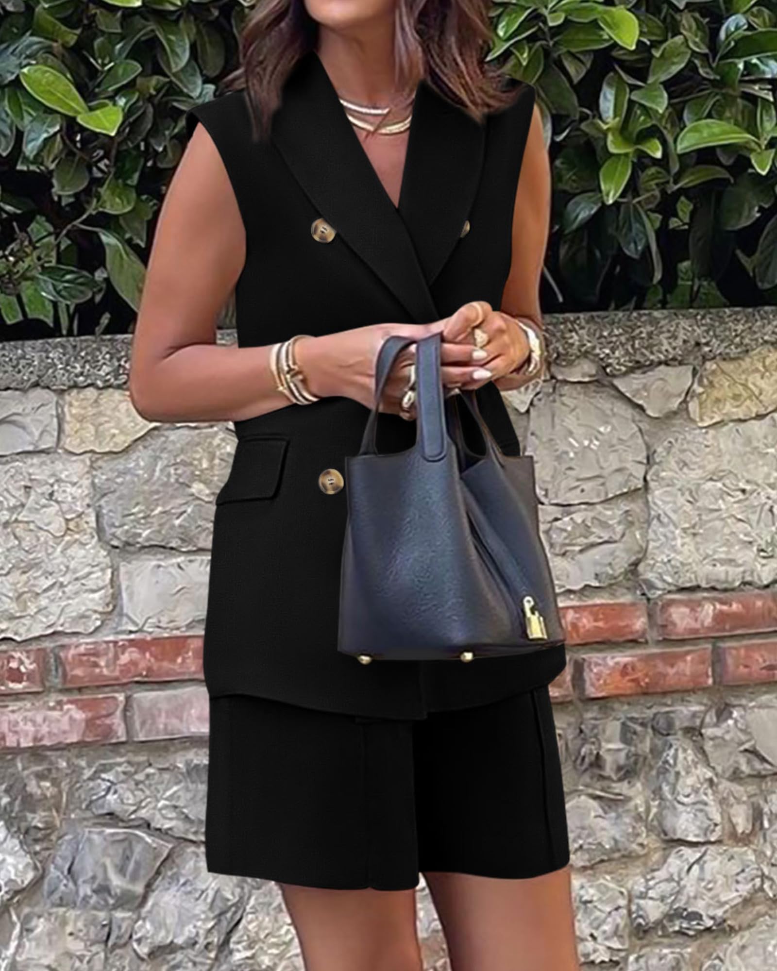 BTFBM Women's 2-Piece Blazer Vest & Shorts Set - Lapel Neck Sleeveless Button Down Office Outfit for Summer | Lounge Wear, Casual Matching Sets for Work & Vacation